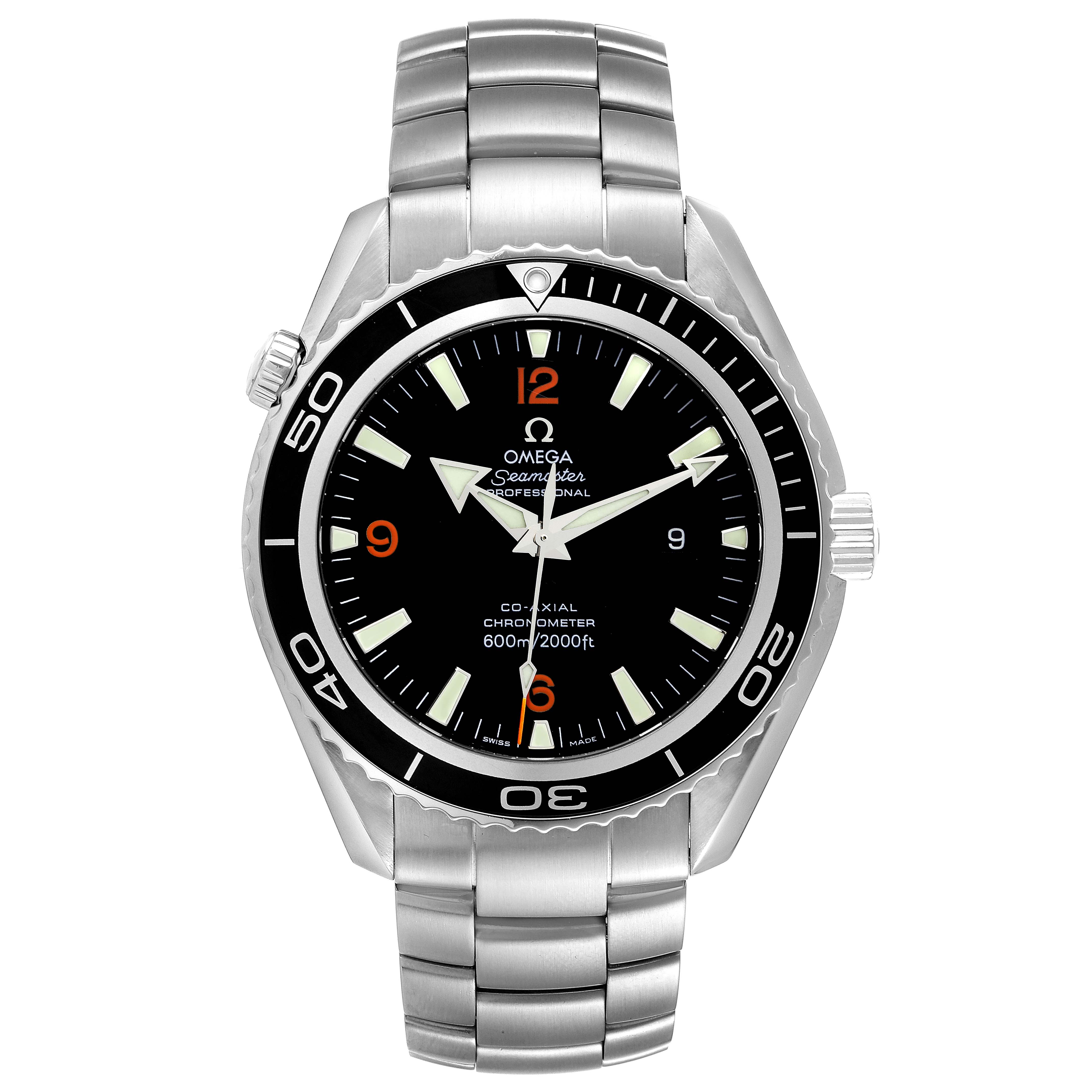 The image shows a front view of the Omega Planet Ocean 2200.51.00 Men
s Stainless Steel Black Dial 2200.51.00 Men
s Stainless Steel Black Dial watch, highlighting its dial, bezel, and metal bracelet.