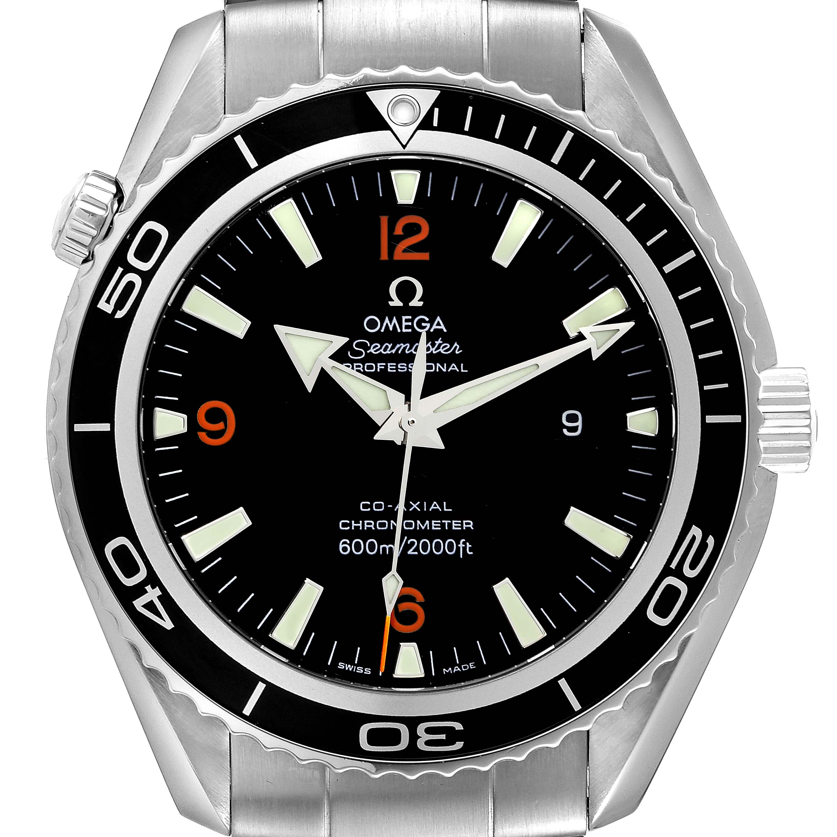 This is an Omega Planet Ocean 2200.51.00 Men
s Stainless Steel Black Dial 2200.51.00 Men
s Stainless Steel Black Dial watch shown from the front, displaying the dial, bezel, and part of the bracelet.