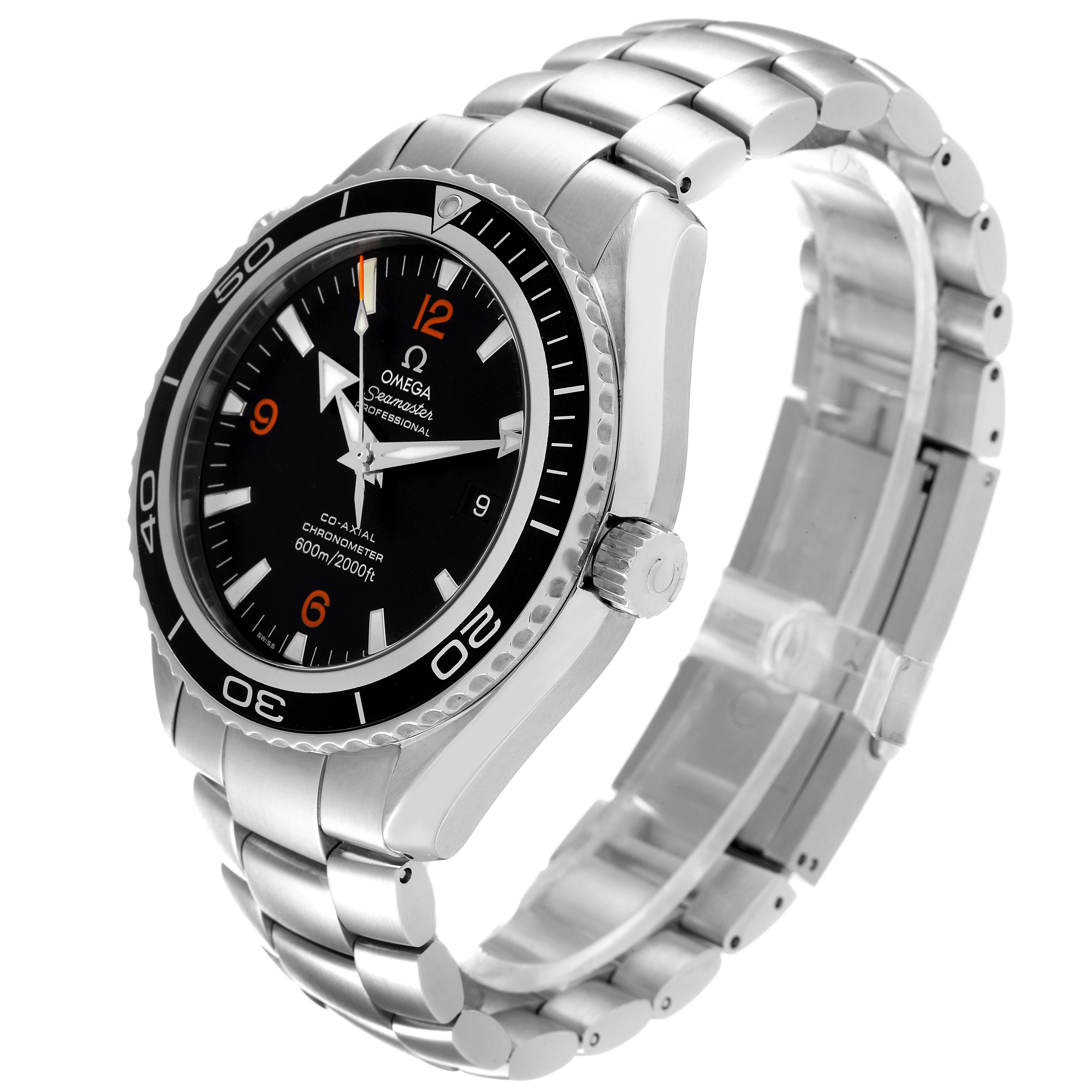 This image shows an Omega Planet Ocean 2200.51.00 Men
s Stainless Steel Black Dial 2200.51.00 Men
s Stainless Steel Black Dial watch at an angled side view, focusing on the dial, bezel, crown, and bracelet.