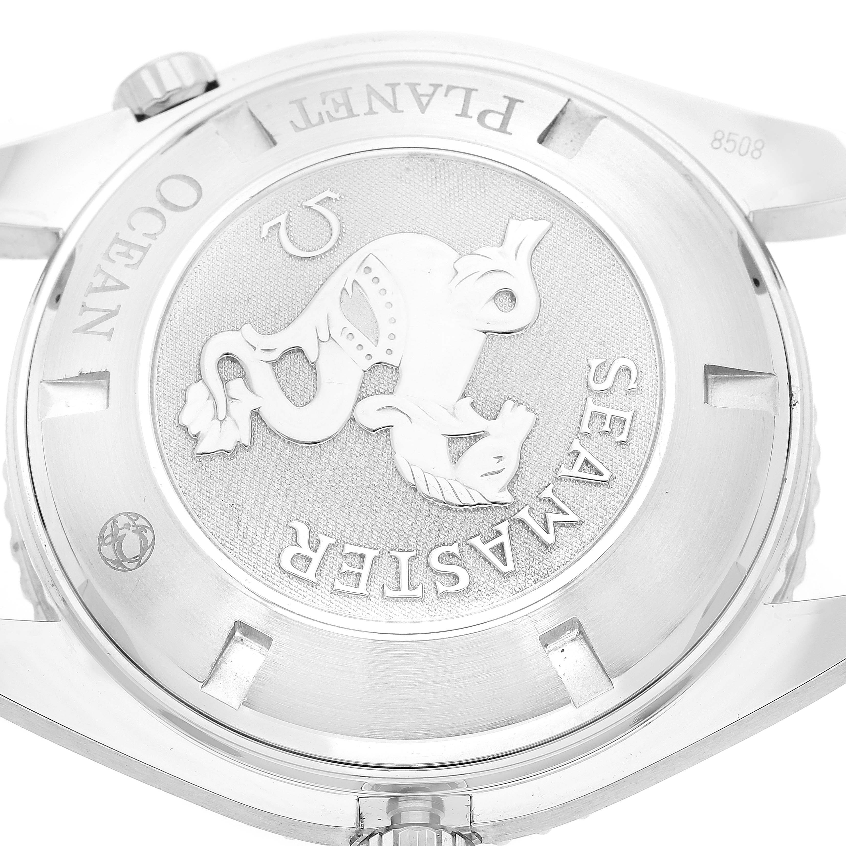 The image shows the back case of the Omega Planet Ocean 2200.51.00 Men
s Stainless Steel Black Dial 2200.51.00 Men
s Stainless Steel Black Dial watch, highlighting the "Seamaster" inscription and logo.