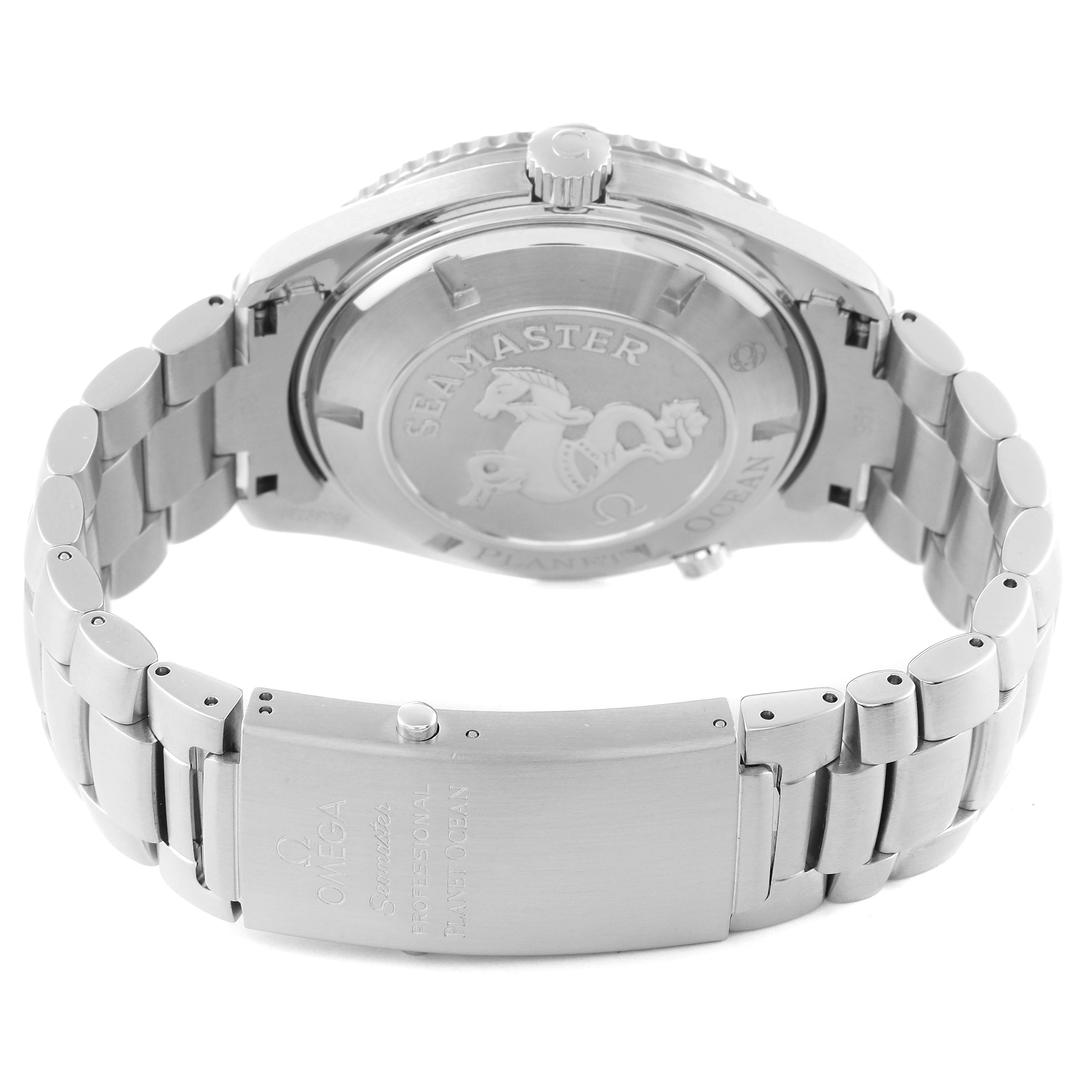 The image showcases the back view of an Omega Planet Ocean 2200.51.00 Men
s Stainless Steel Black Dial 2200.51.00 Men
s Stainless Steel Black Dial Seamaster watch, highlighting its case back and metal bracelet.