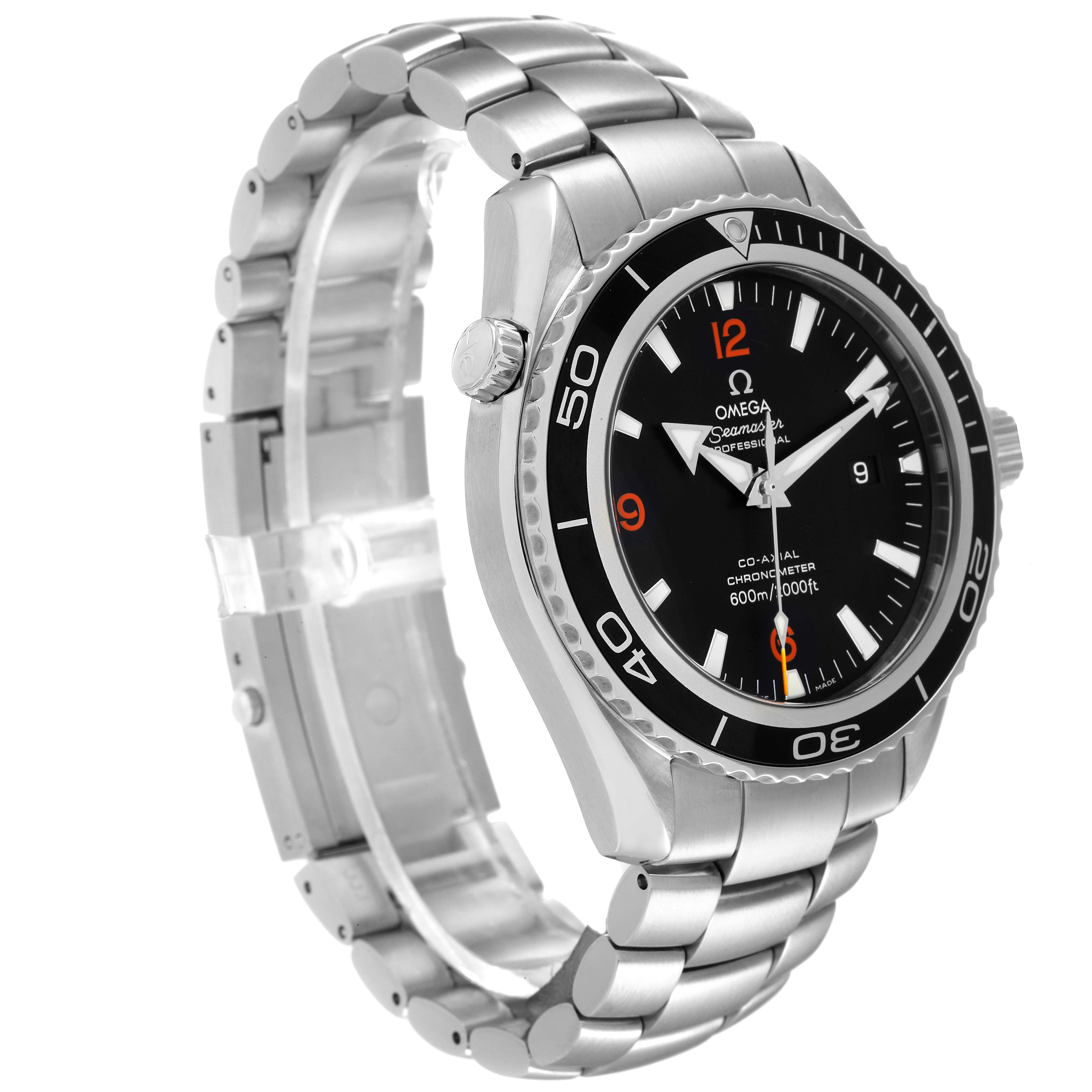 The image shows a side and front angle of an Omega Planet Ocean 2200.51.00 Men
s Stainless Steel Black Dial 2200.51.00 Men
s Stainless Steel Black Dial watch, displaying its bracelet, bezel, and face clearly.