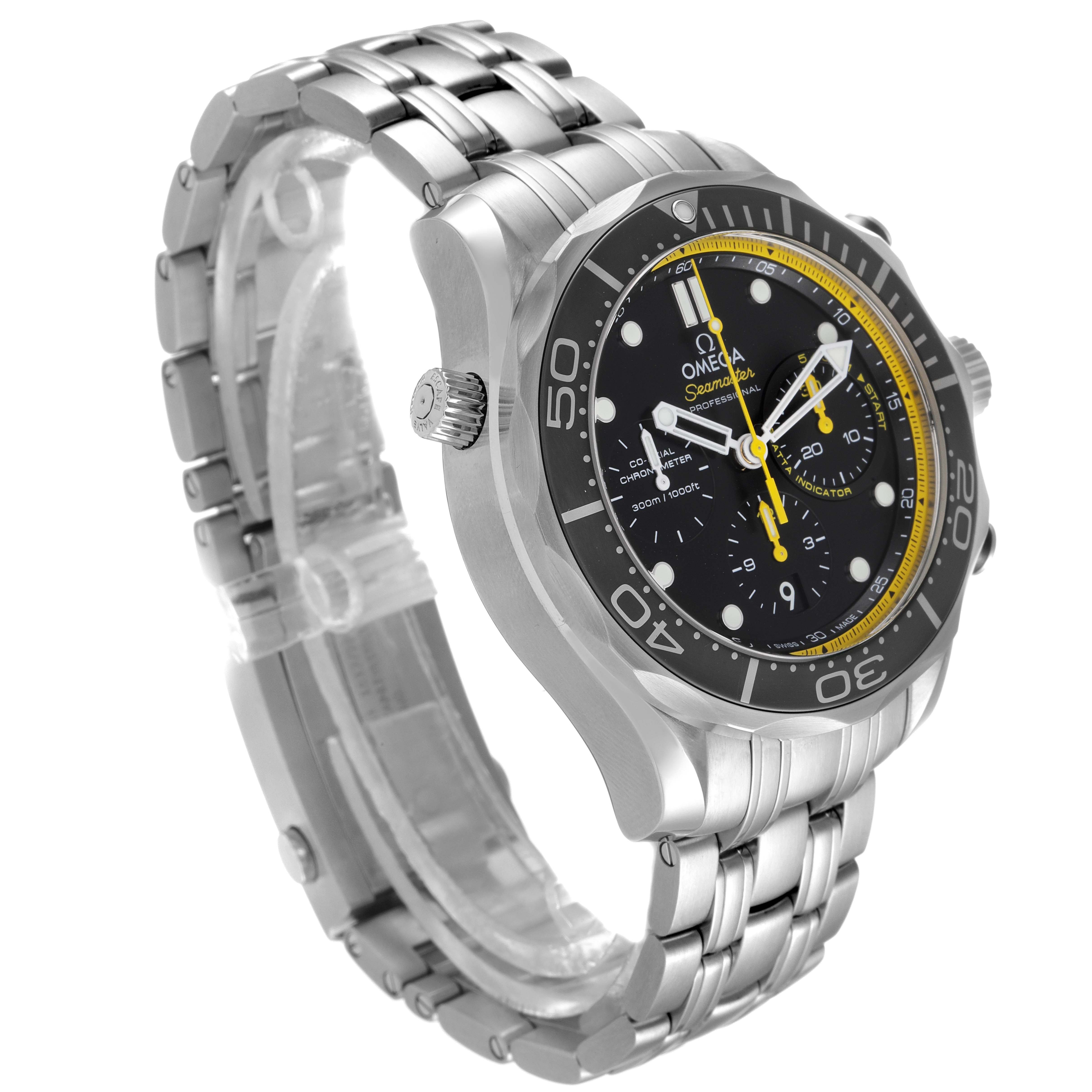 The Omega Seamaster 212.30.44.50.01.002 Men's Stainless Steel Black Dial 212.30.44.50.01.002 Men's Stainless Steel Black Dial watch is shown from an oblique angle, displaying its face, bezel, crown, and stainless steel bracelet.