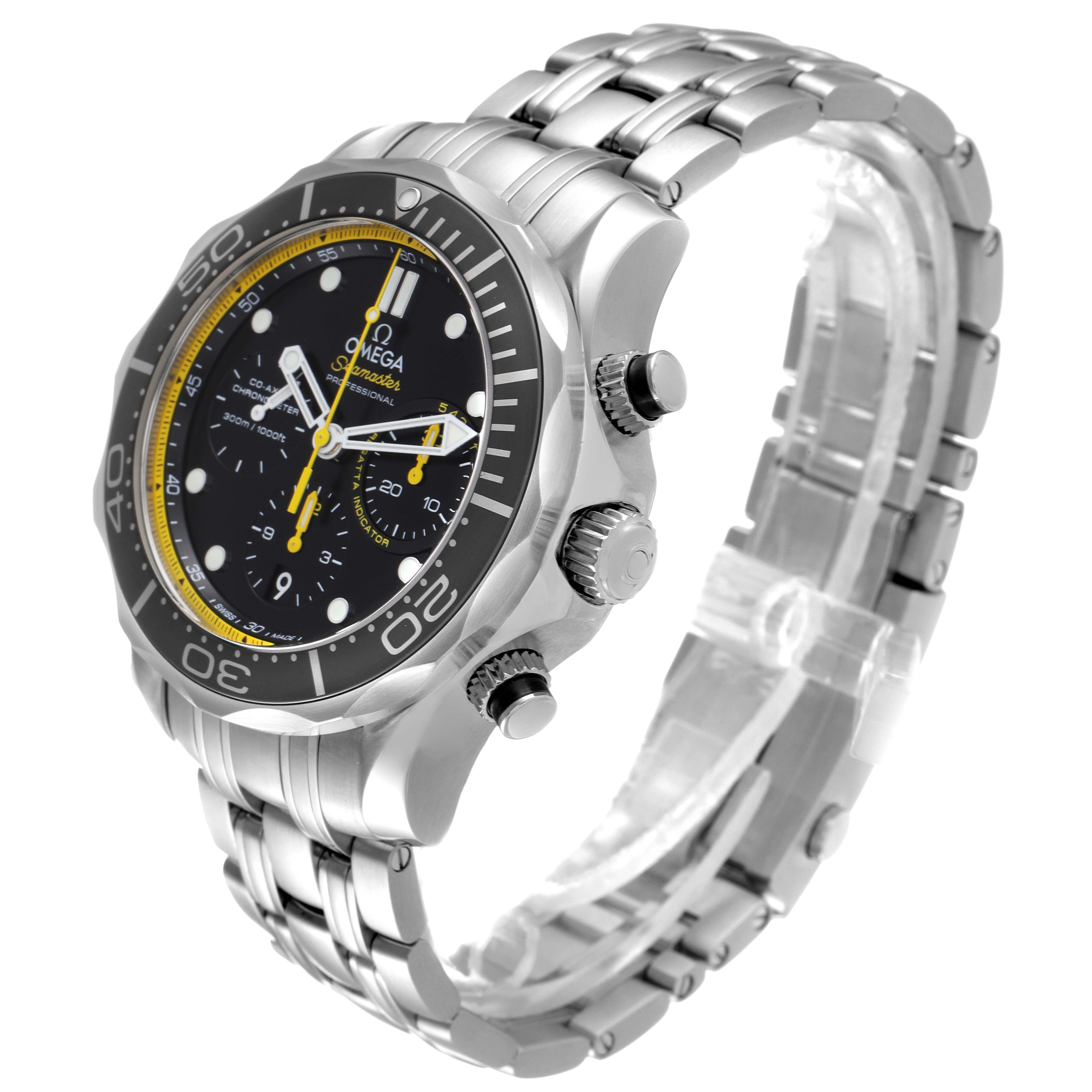 The image shows the Omega Seamaster 212.30.44.50.01.002 Men's Stainless Steel Black Dial 212.30.44.50.01.002 Men's Stainless Steel Black Dial watch at an angle, highlighting the face, bezel, and stainless steel band.