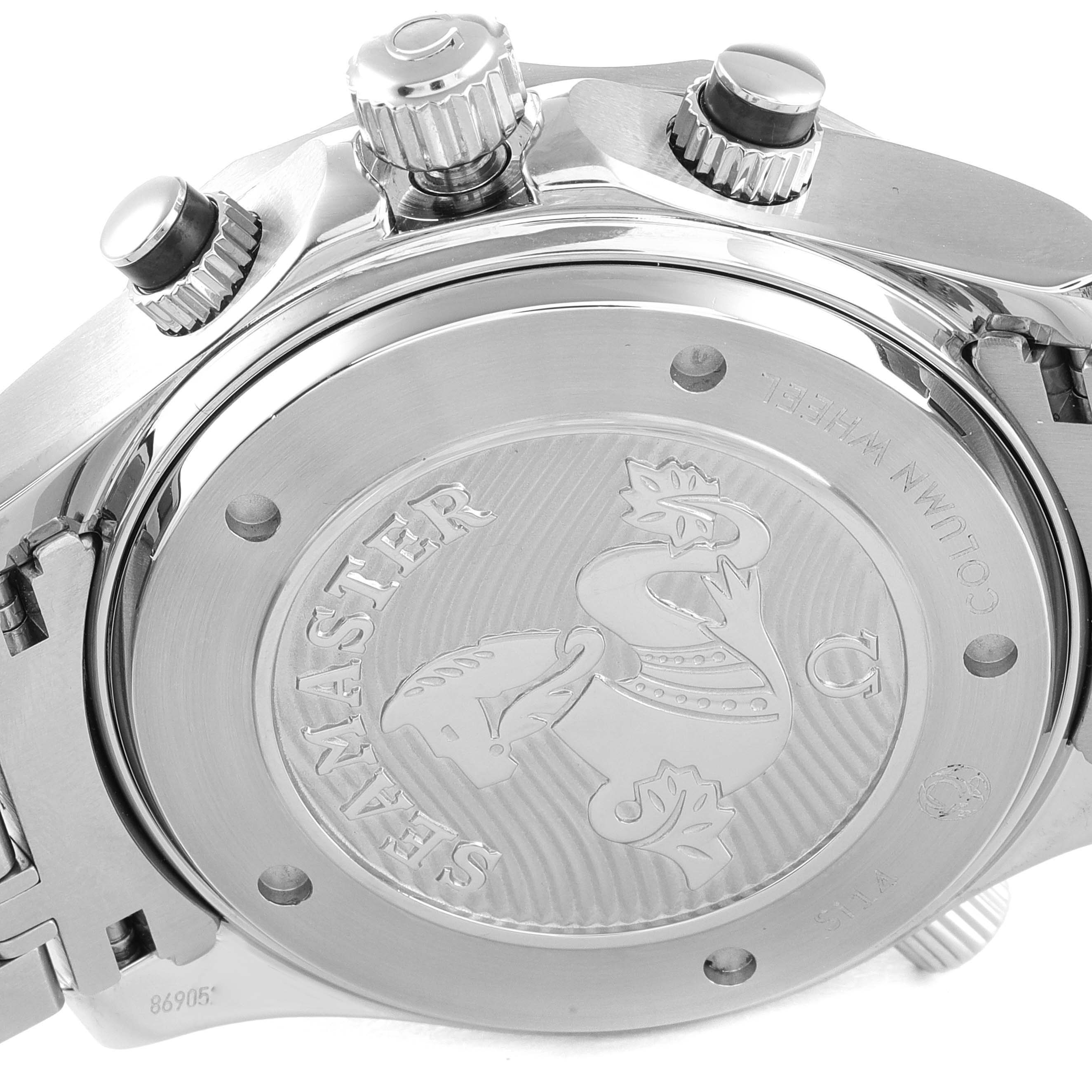 The image shows a close-up of the case back, crown, and pushers of the Omega Seamaster 212.30.44.50.01.002 Men's Stainless Steel Black Dial 212.30.44.50.01.002 Men's Stainless Steel Black Dial watch.