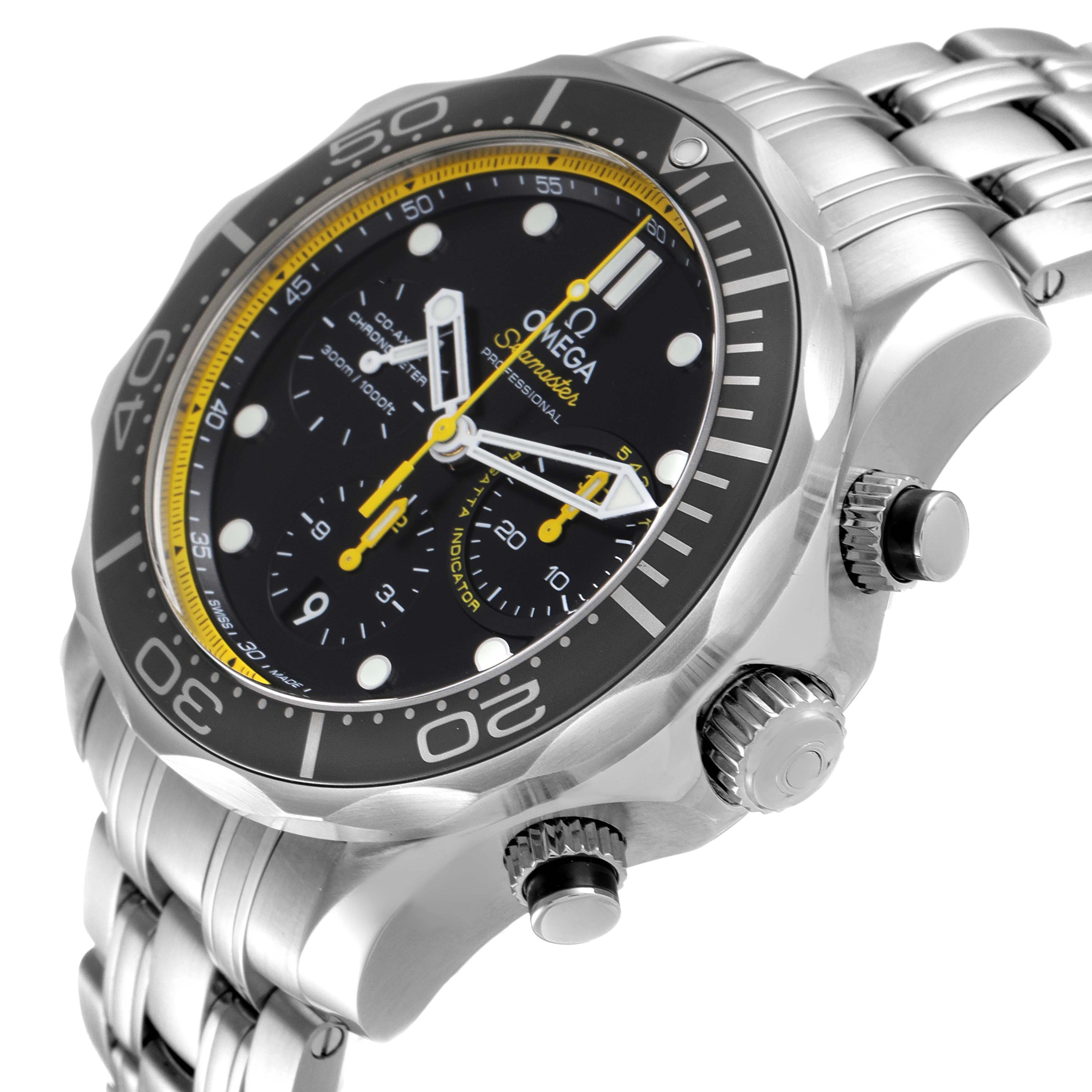 This image shows the angled profile of the Omega Seamaster 212.30.44.50.01.002 Men's Stainless Steel Black Dial 212.30.44.50.01.002 Men's Stainless Steel Black Dial watch, highlighting the bezel, crown, and bracelet.