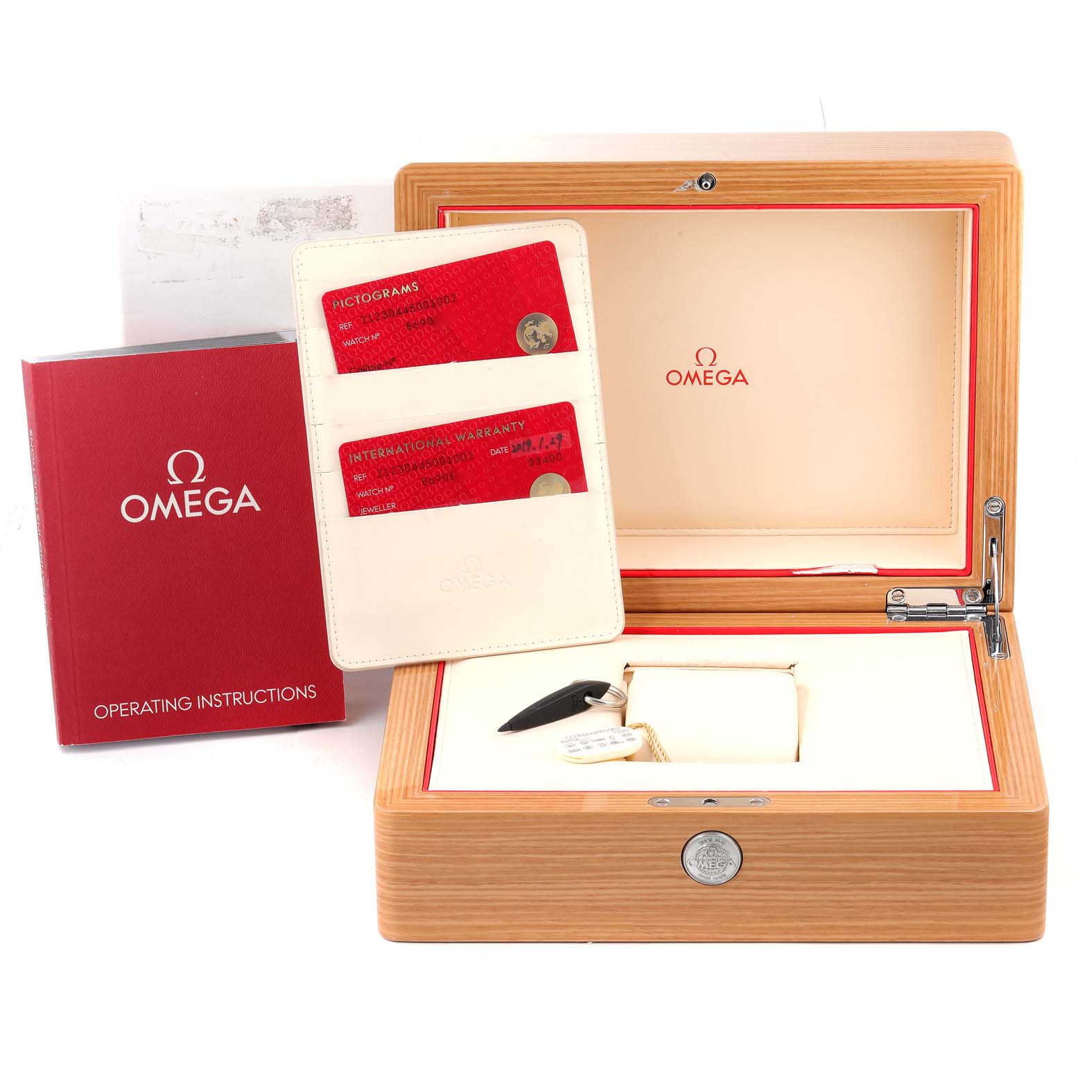 The image shows an Omega Seamaster 212.30.44.50.01.002 Men's Stainless Steel Black Dial 212.30.44.50.01.002 Men's Stainless Steel Black Dial watch box, warranty cards, operating instructions, and a cardholder.