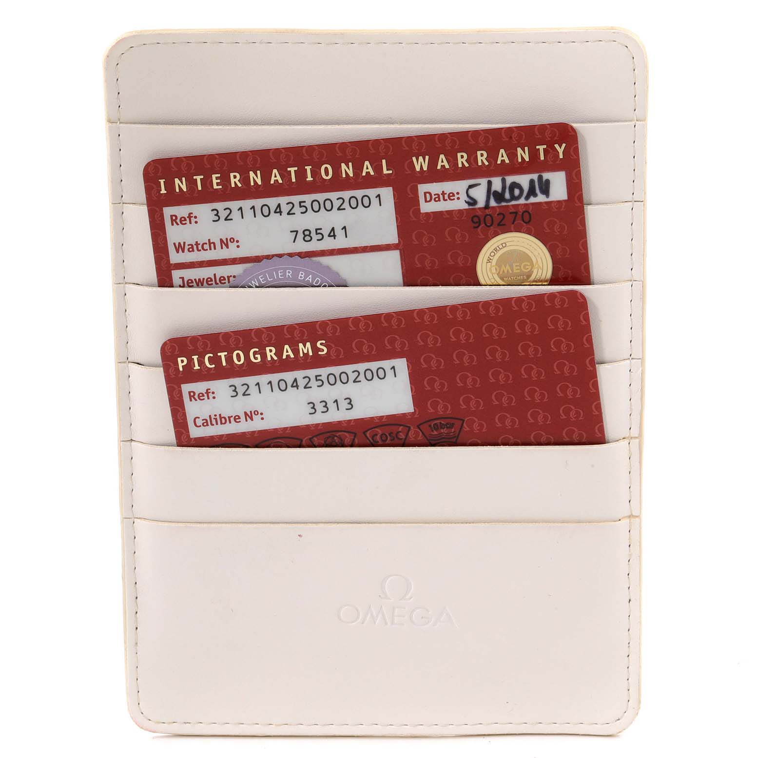 The image shows an Omega Speedmaster 321.10.42.50.02.001 Men
s Stainless Steel Silver Dial 321.10.42.50.02.001 Men
s Stainless Steel Silver Dial model
s warranty and pictogram cards in a white Omega card holder, viewed from the front.