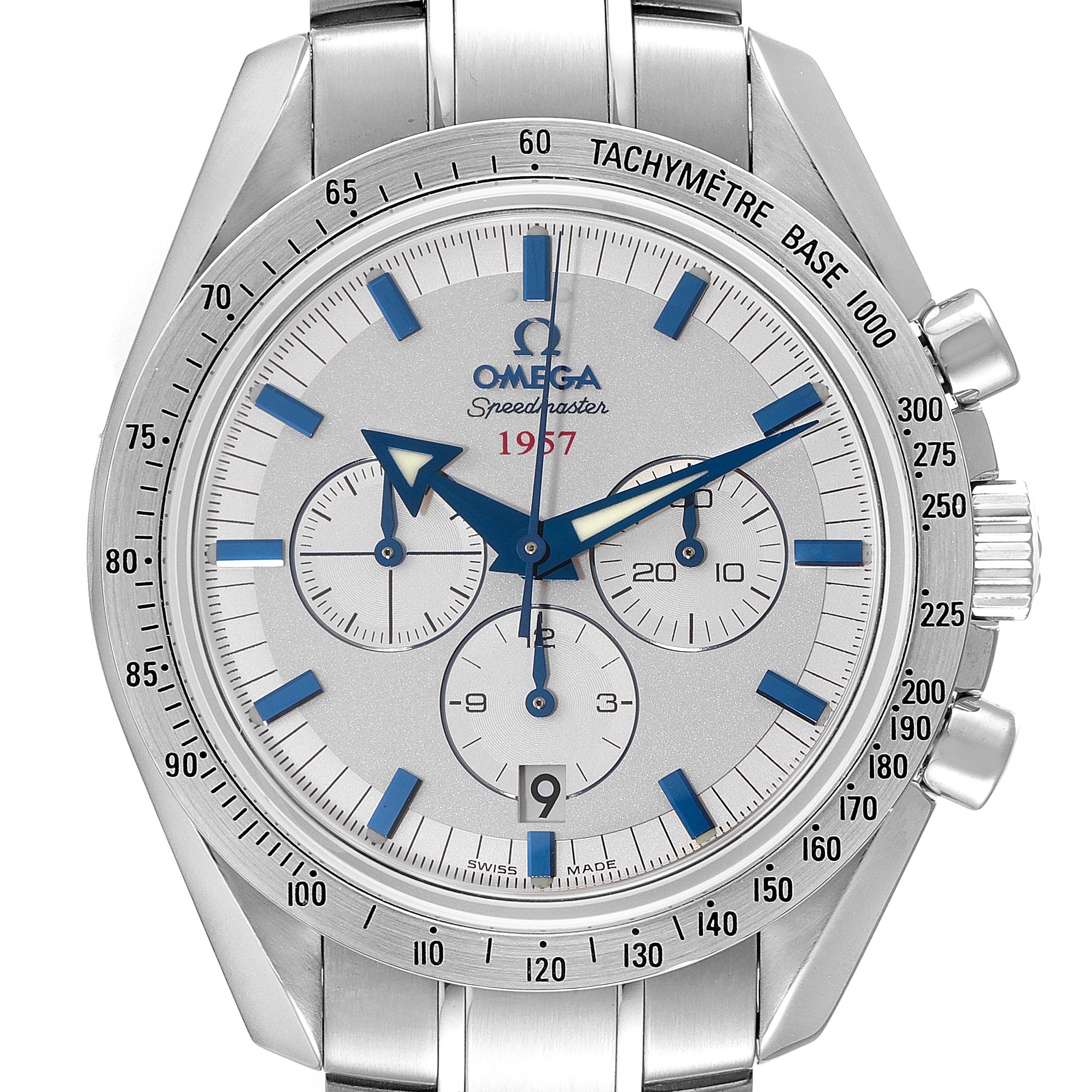 This image shows a front view of the Omega Speedmaster 321.10.42.50.02.001 Men
s Stainless Steel Silver Dial 321.10.42.50.02.001 Men
s Stainless Steel Silver Dial 1957 model watch, highlighting its dial, tachymeter, and chronograph subdials.