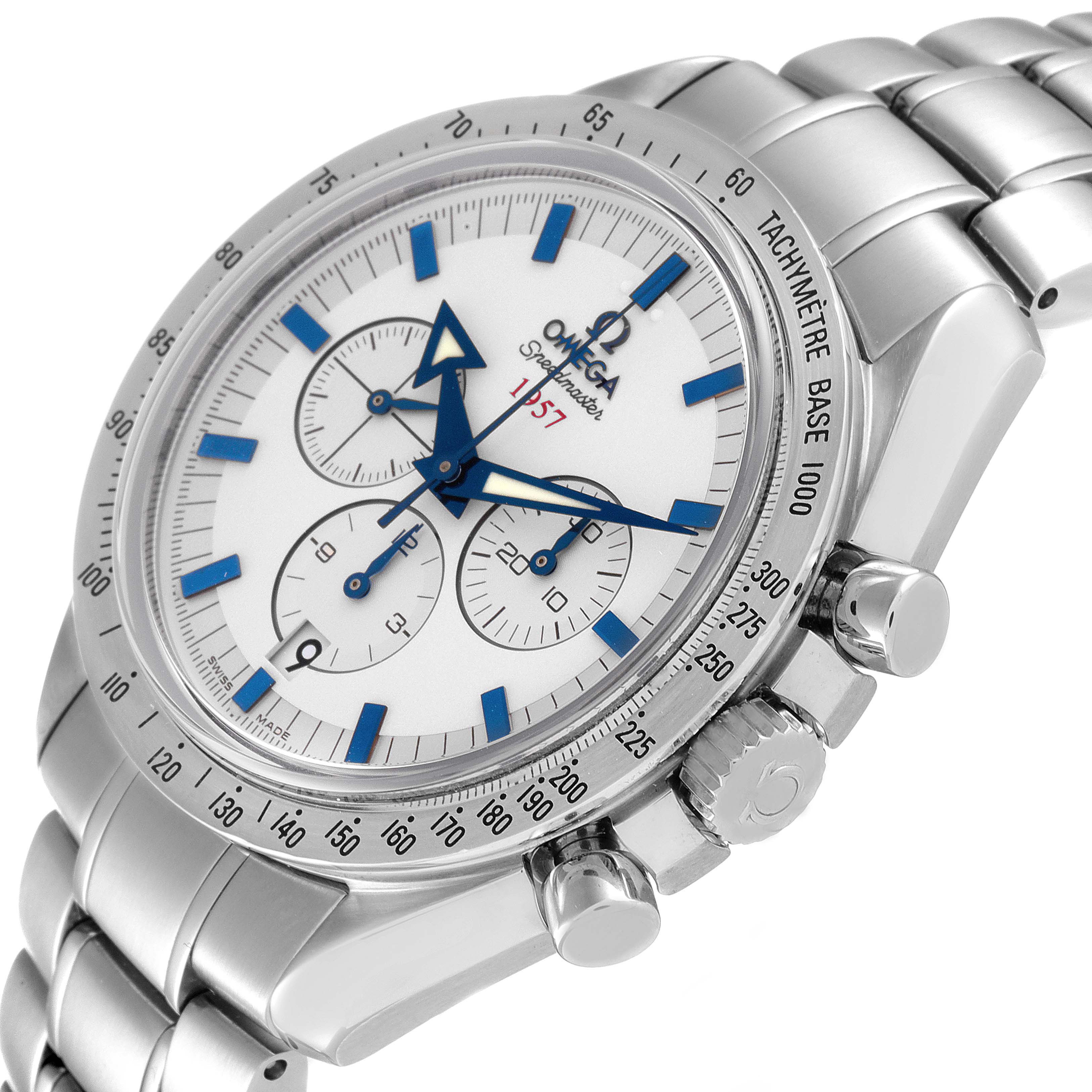 The Omega Speedmaster 321.10.42.50.02.001 Men
s Stainless Steel Silver Dial 321.10.42.50.02.001 Men
s Stainless Steel Silver Dial watch is shown in a three-quarter view, highlighting the dial, crown, and chronograph pushers.