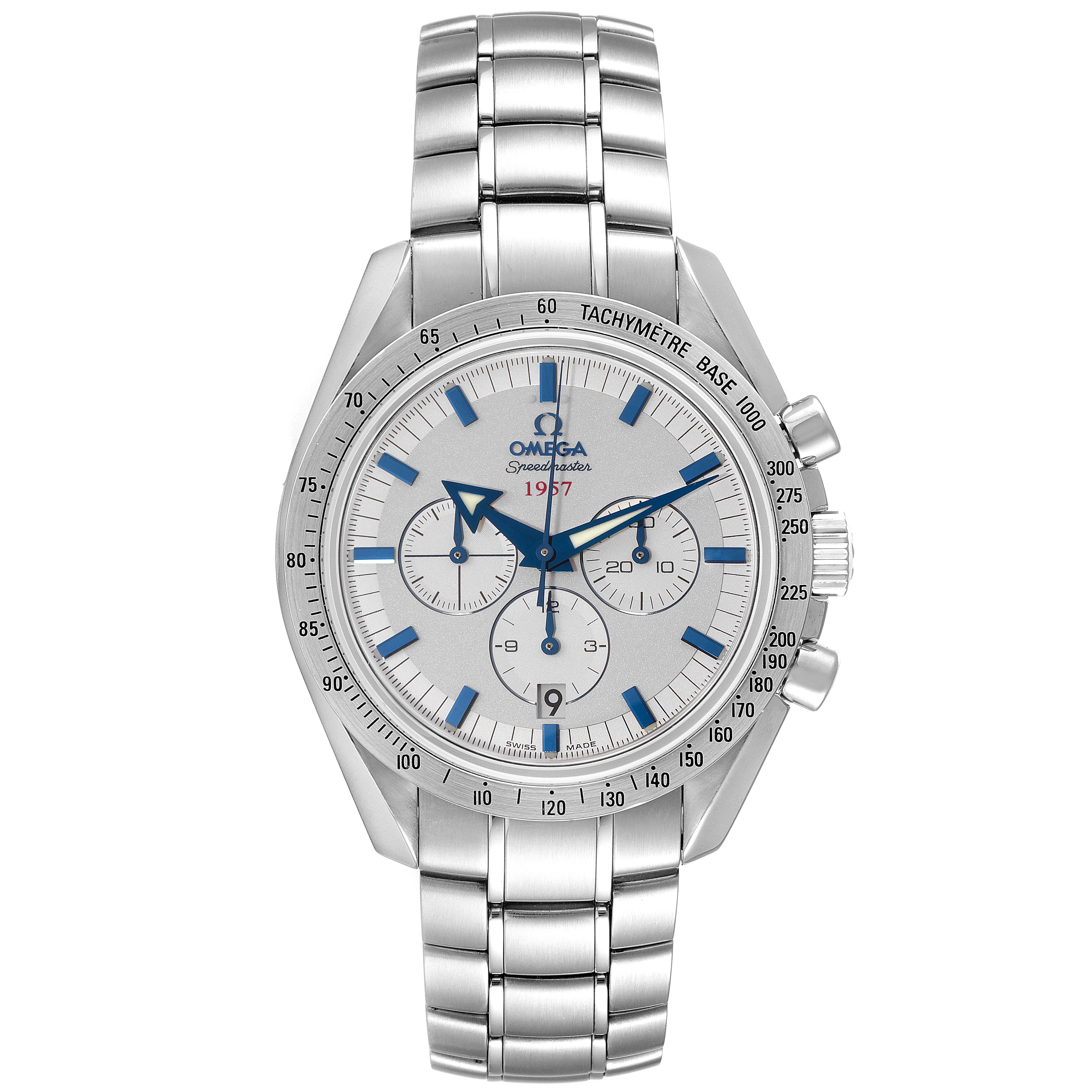 The image shows an Omega Speedmaster 321.10.42.50.02.001 Men
s Stainless Steel Silver Dial 321.10.42.50.02.001 Men
s Stainless Steel Silver Dial watch with a stainless steel bracelet, tachymeter bezel, and three sub-dials, viewed from the front.