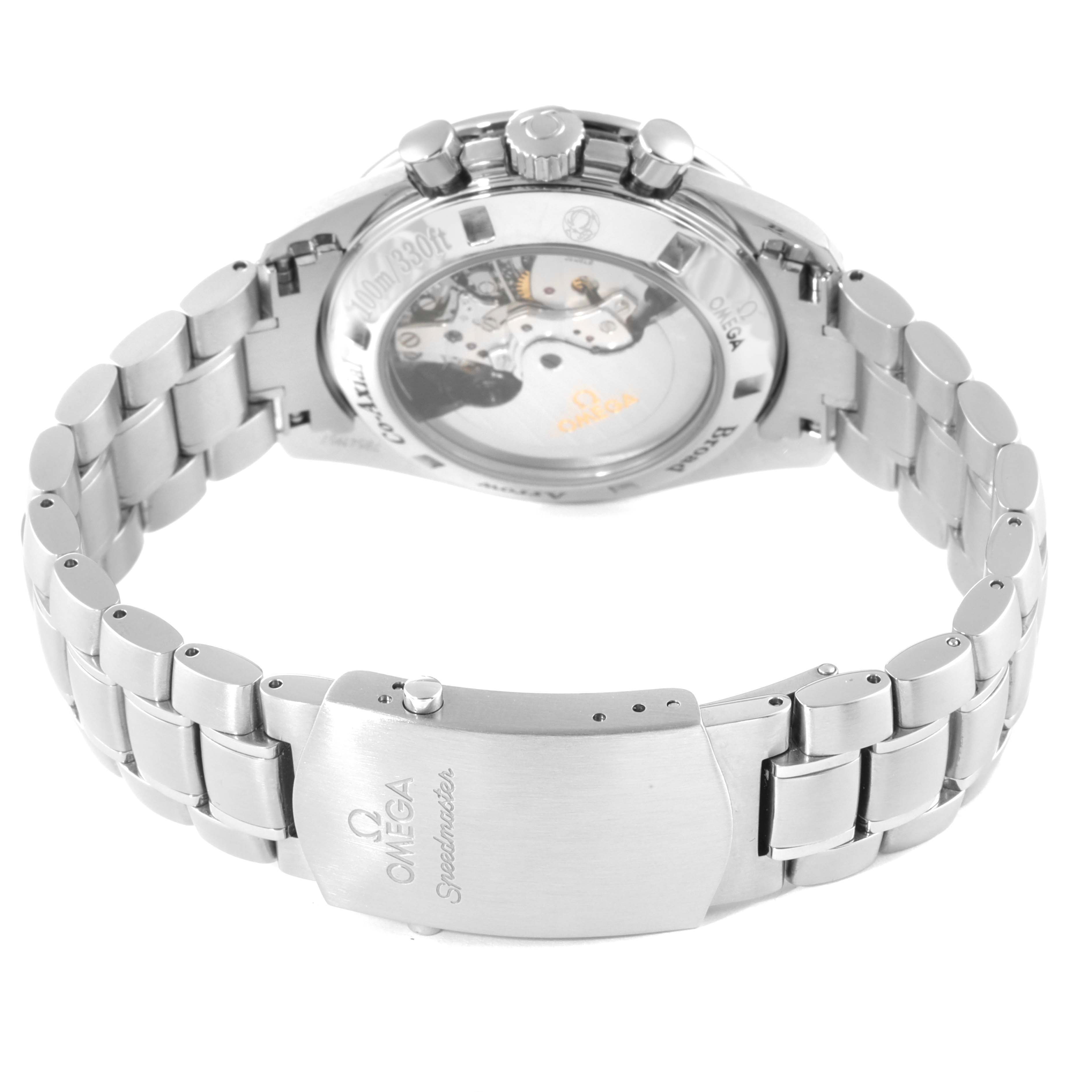 The image shows the back view of the Omega Speedmaster 321.10.42.50.02.001 Men
s Stainless Steel Silver Dial 321.10.42.50.02.001 Men
s Stainless Steel Silver Dial watch, highlighting its transparent case back and stainless steel bracelet.