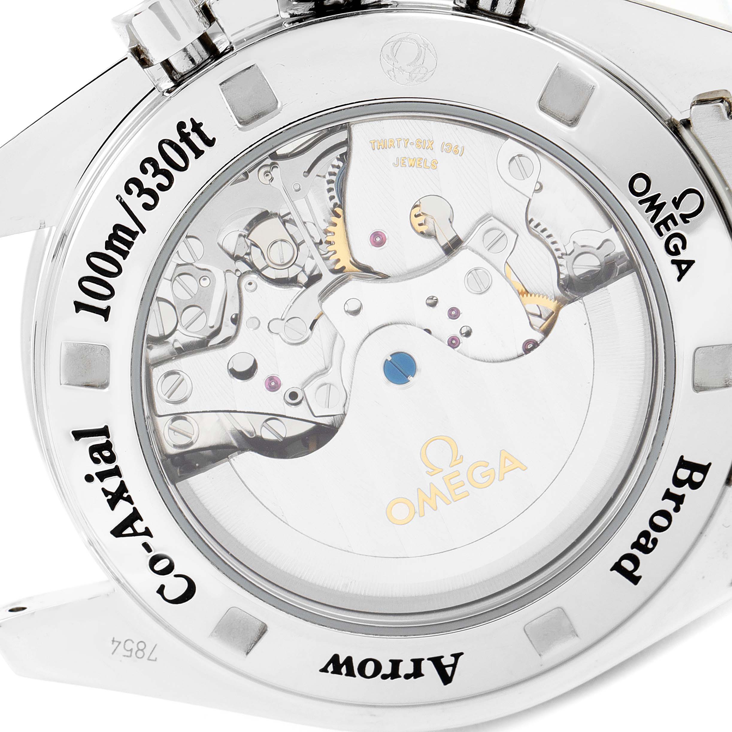 The image shows the back of an Omega Speedmaster 321.10.42.50.02.001 Men
s Stainless Steel Silver Dial 321.10.42.50.02.001 Men
s Stainless Steel Silver Dial watch, highlighting the transparent case back and internal mechanical components.