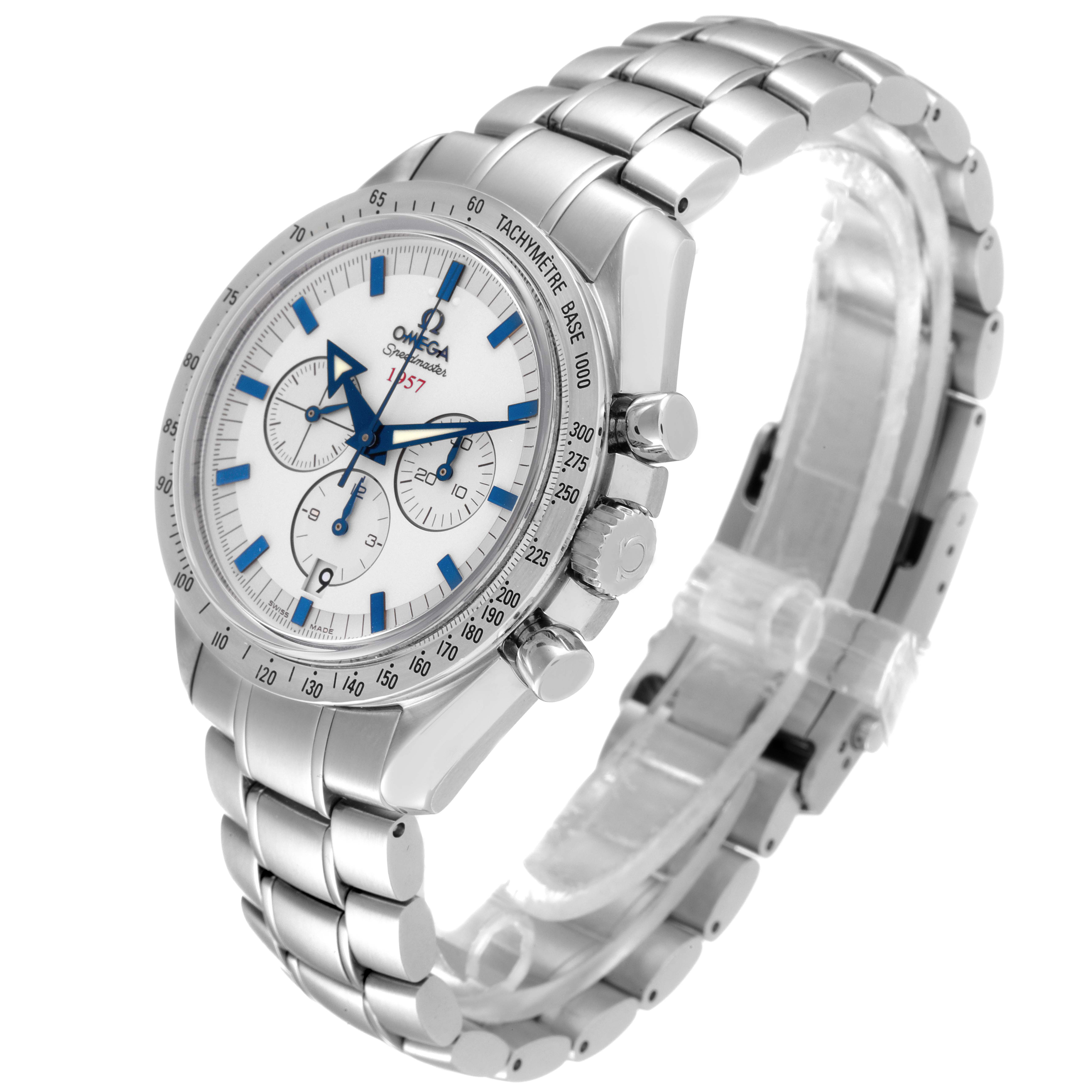 The Omega Speedmaster 321.10.42.50.02.001 Men
s Stainless Steel Silver Dial 321.10.42.50.02.001 Men
s Stainless Steel Silver Dial watch is shown at a three-quarter angle, displaying its face, bezel, bracelet, and side push buttons.