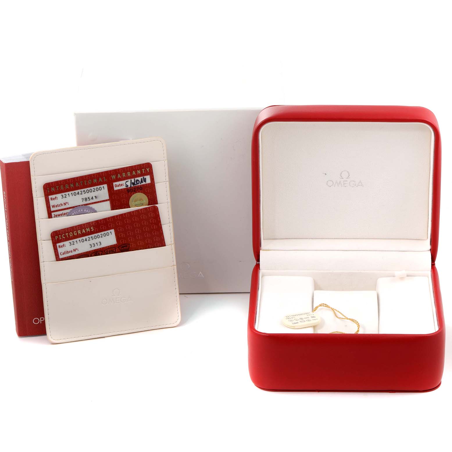 The image shows the Omega Speedmaster 321.10.42.50.02.001 Men
s Stainless Steel Silver Dial 321.10.42.50.02.001 Men
s Stainless Steel Silver Dial watch box, warranty cards, and a carrying case from a front angle.