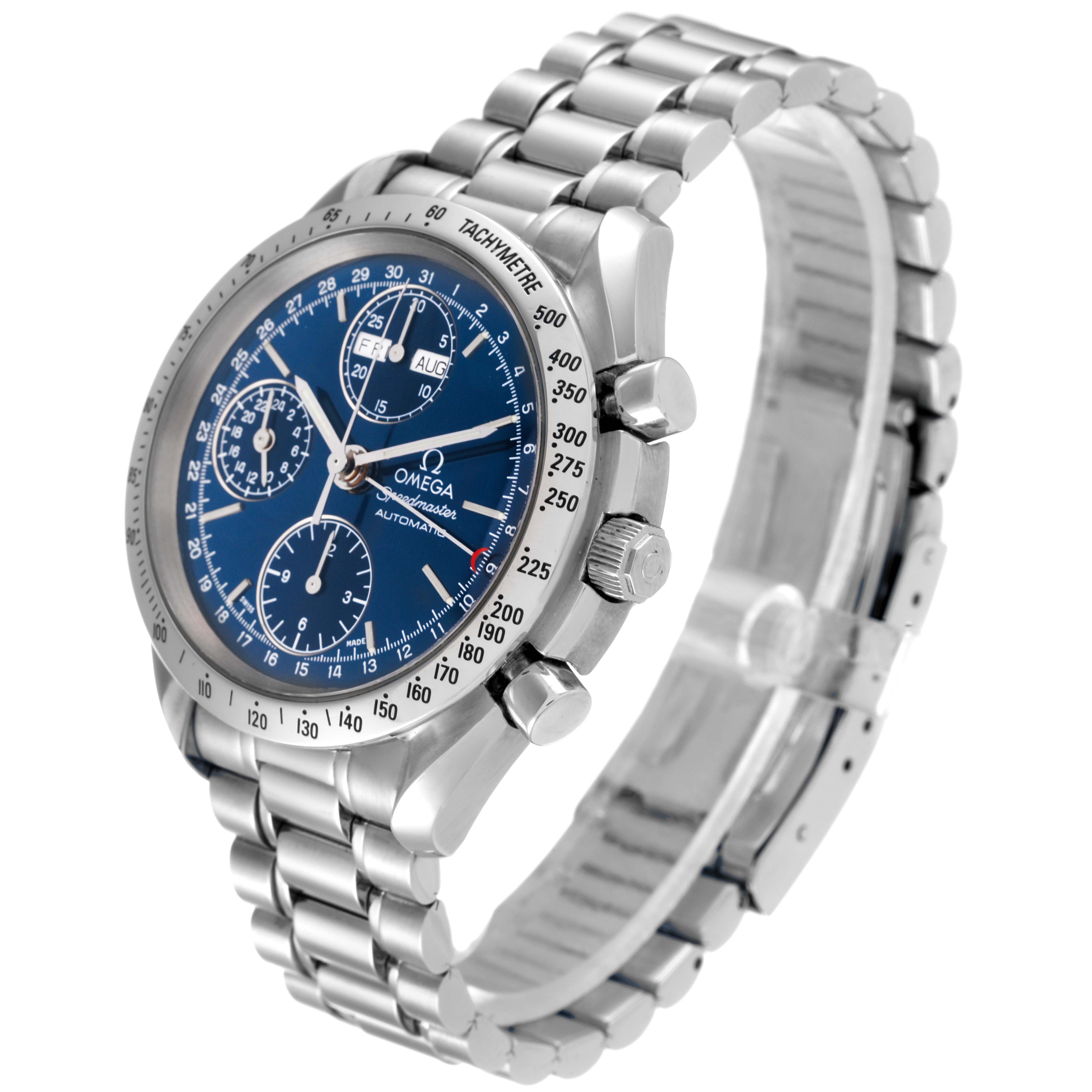 This image shows the Omega Speedmaster 3521.80.00 Men's Stainless Steel Blue Dial 3521.80.00 Men's Stainless Steel Blue Dial watch from a three-quarter angle, highlighting its face, bezel, crown, and bracelet.