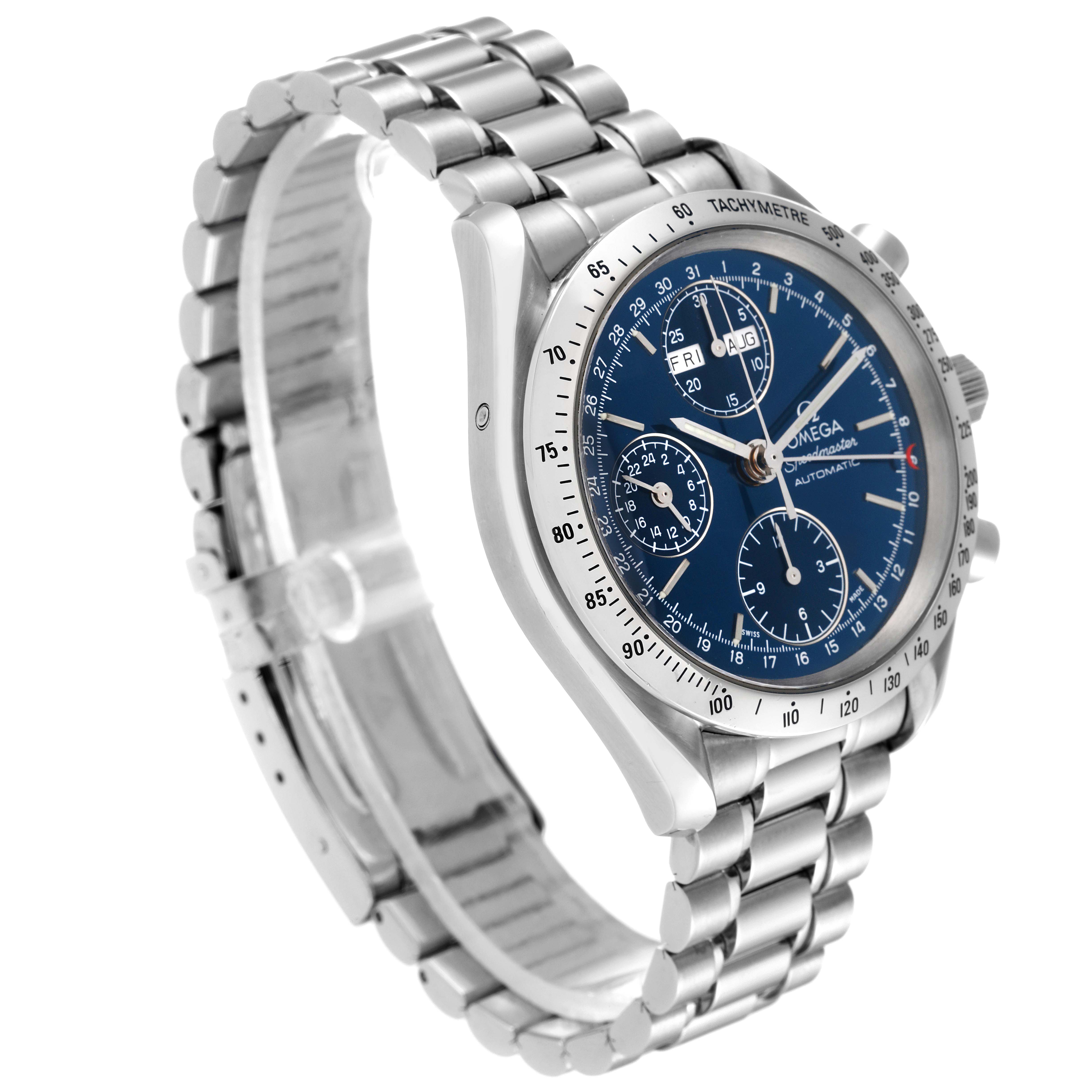 The image shows an Omega Speedmaster 3521.80.00 Men's Stainless Steel Blue Dial 3521.80.00 Men's Stainless Steel Blue Dial watch angled to display its face and stainless steel bracelet.