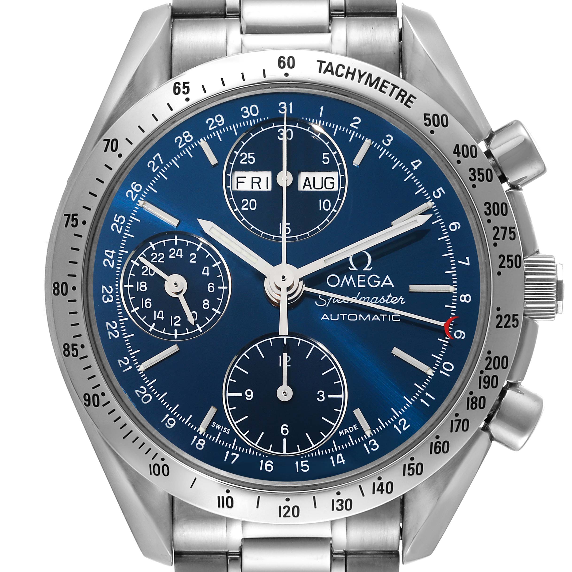 The image shows a frontal view of the Omega Speedmaster 3521.80.00 Men's Stainless Steel Blue Dial 3521.80.00 Men's Stainless Steel Blue Dial watch, highlighting the dial, sub-dials, and tachymeter bezel.