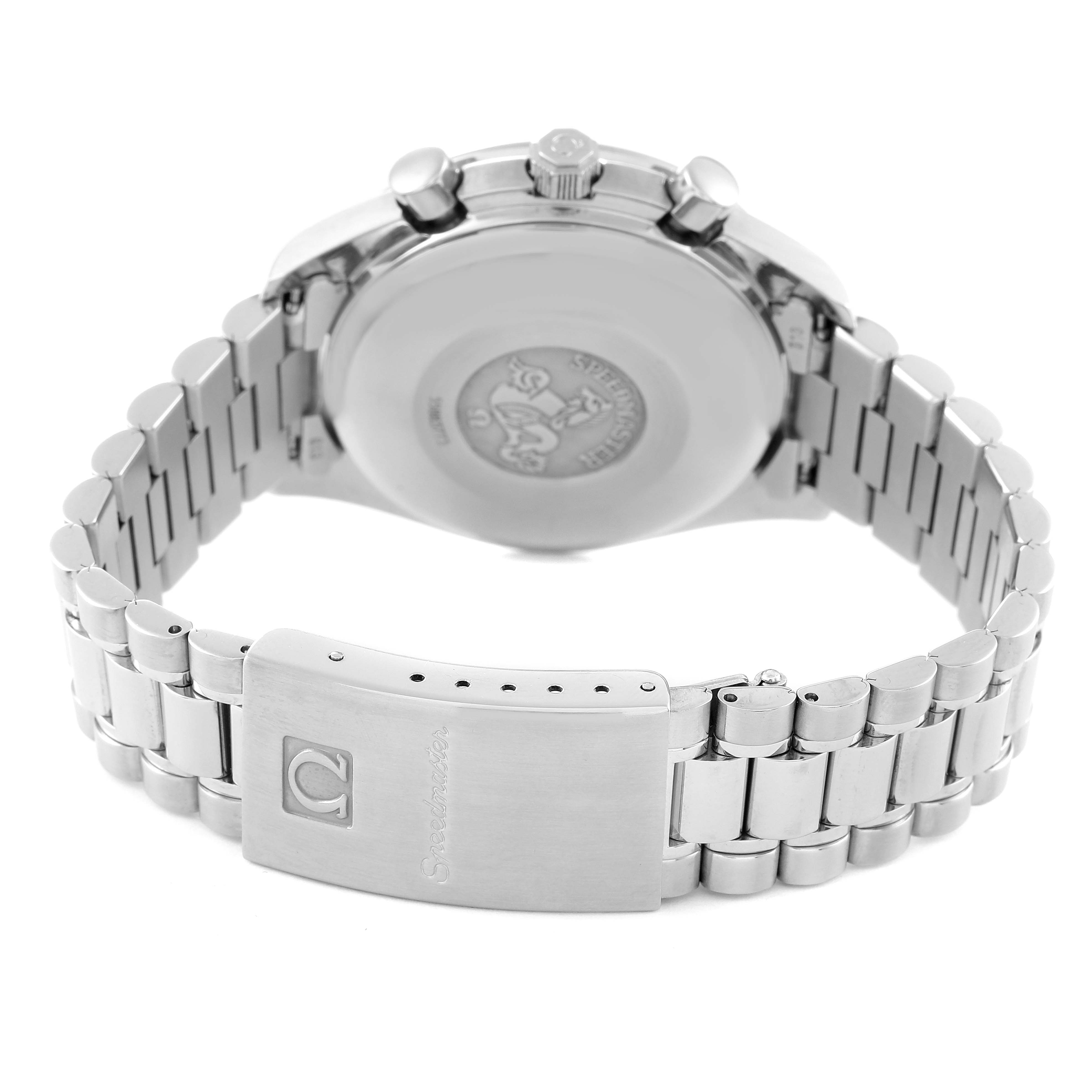 The image shows the back view of an Omega Speedmaster 3521.80.00 Men's Stainless Steel Blue Dial 3521.80.00 Men's Stainless Steel Blue Dial watch, highlighting the clasp and bracelet.