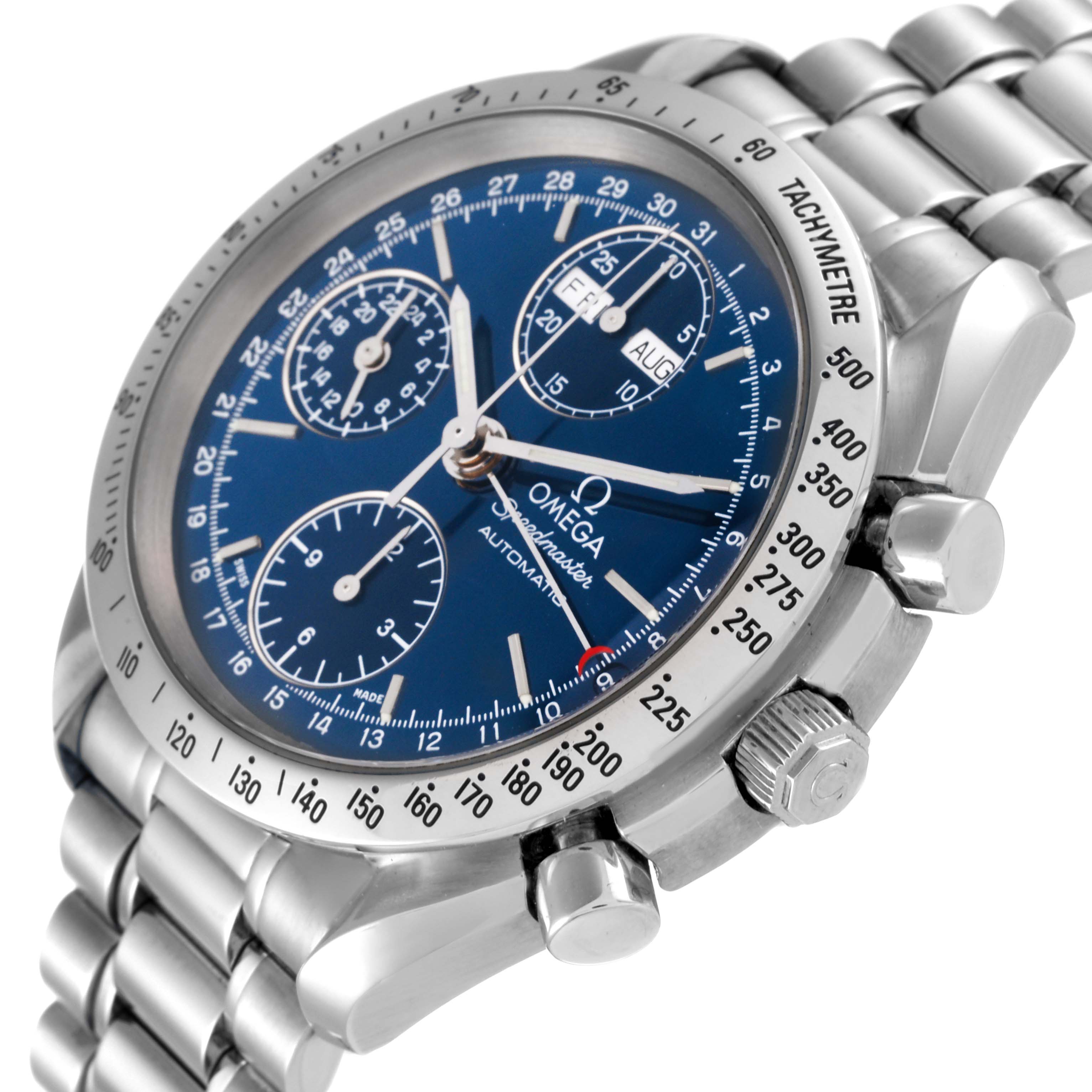 This image of an Omega Speedmaster 3521.80.00 Men's Stainless Steel Blue Dial 3521.80.00 Men's Stainless Steel Blue Dial watch shows a close-up angle highlighting the face, bezel, and part of the bracelet.