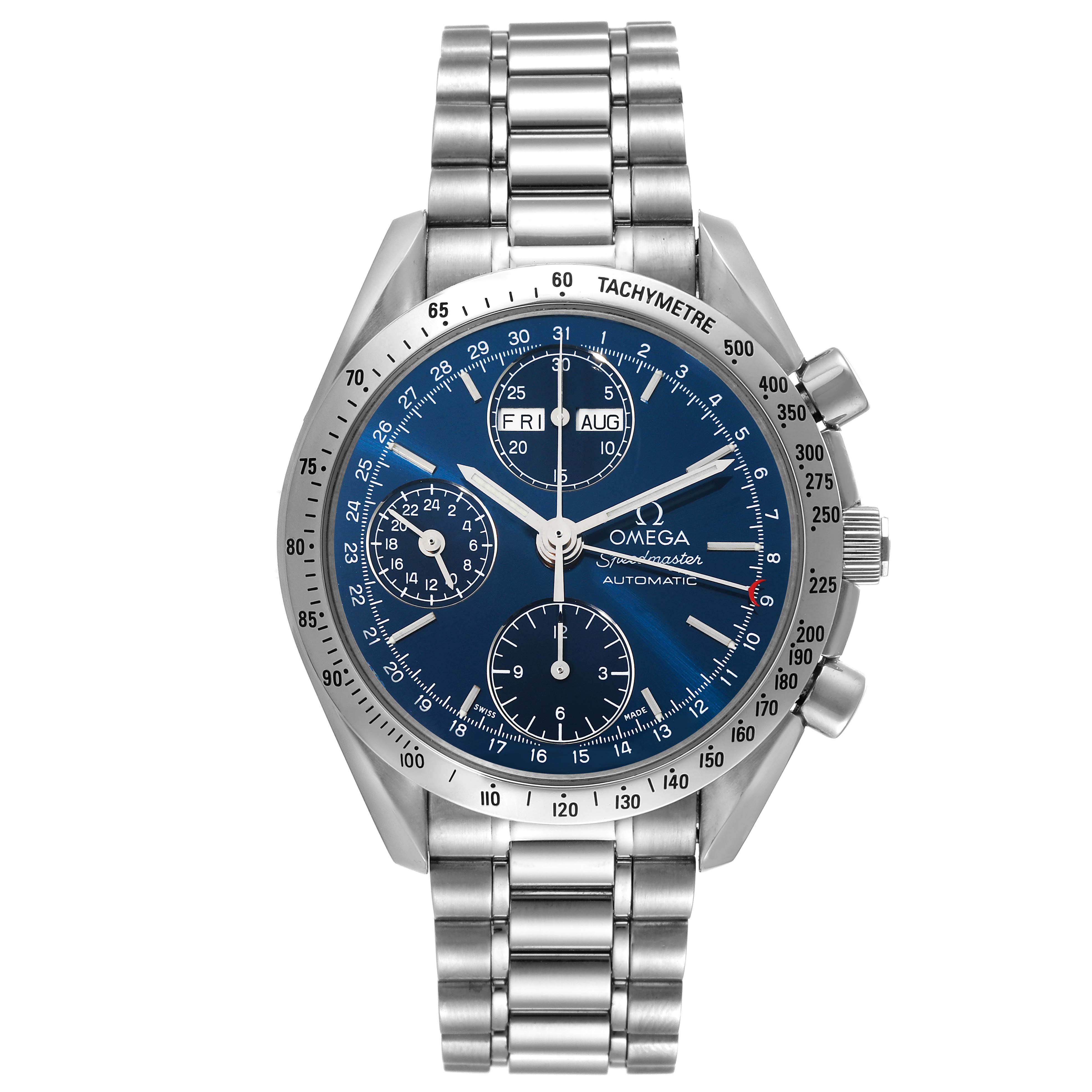 This image shows a frontal view of an Omega Speedmaster 3521.80.00 Men's Stainless Steel Blue Dial 3521.80.00 Men's Stainless Steel Blue Dial watch with a blue dial, stainless steel band, and tachymeter bezel.