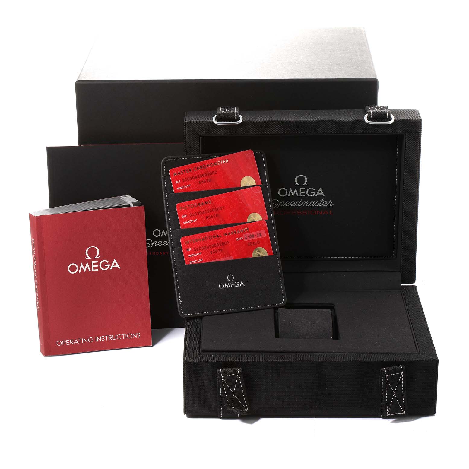 The image shows Omega Speedmaster 310.30.42.50.01.002 Men's Stainless Steel Black Dial 310.30.42.50.01.002 Men's Stainless Steel Black Dial accessories including a box, operating instructions, cards, and a cardholder.
