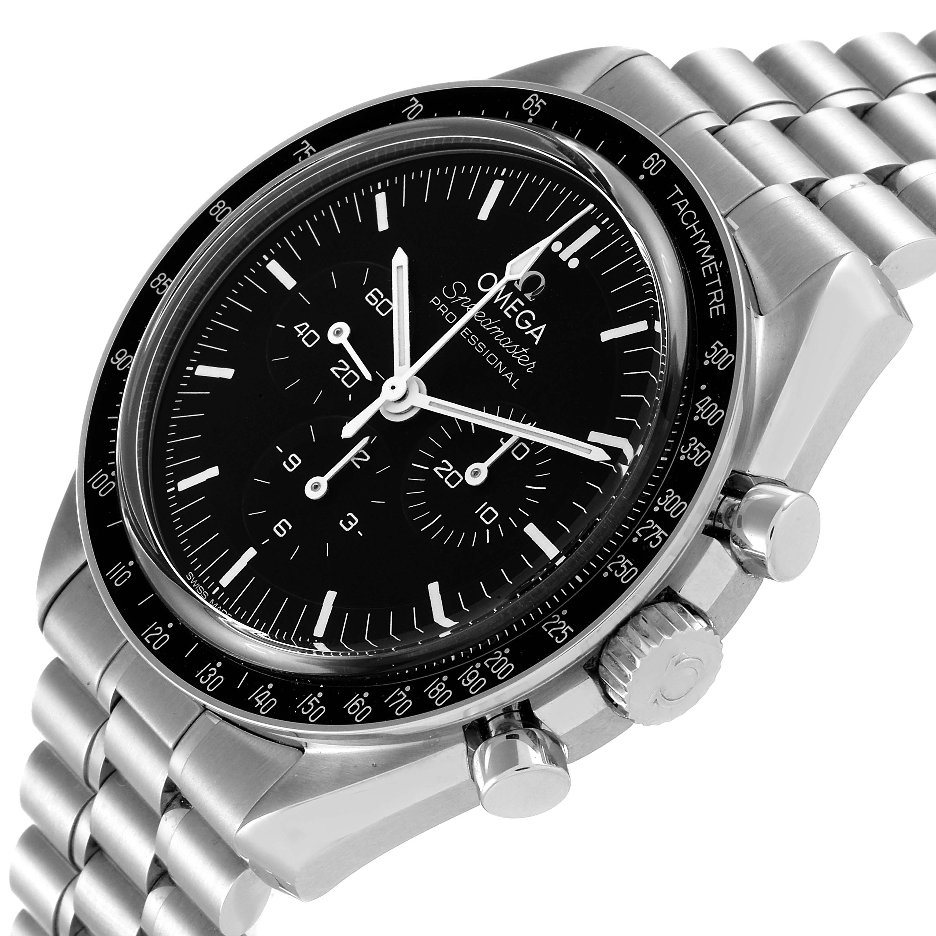 The Omega Speedmaster 310.30.42.50.01.002 Men's Stainless Steel Black Dial 310.30.42.50.01.002 Men's Stainless Steel Black Dial watch is shown at an angle displaying the face, bezel, crown, and part of the bracelet.