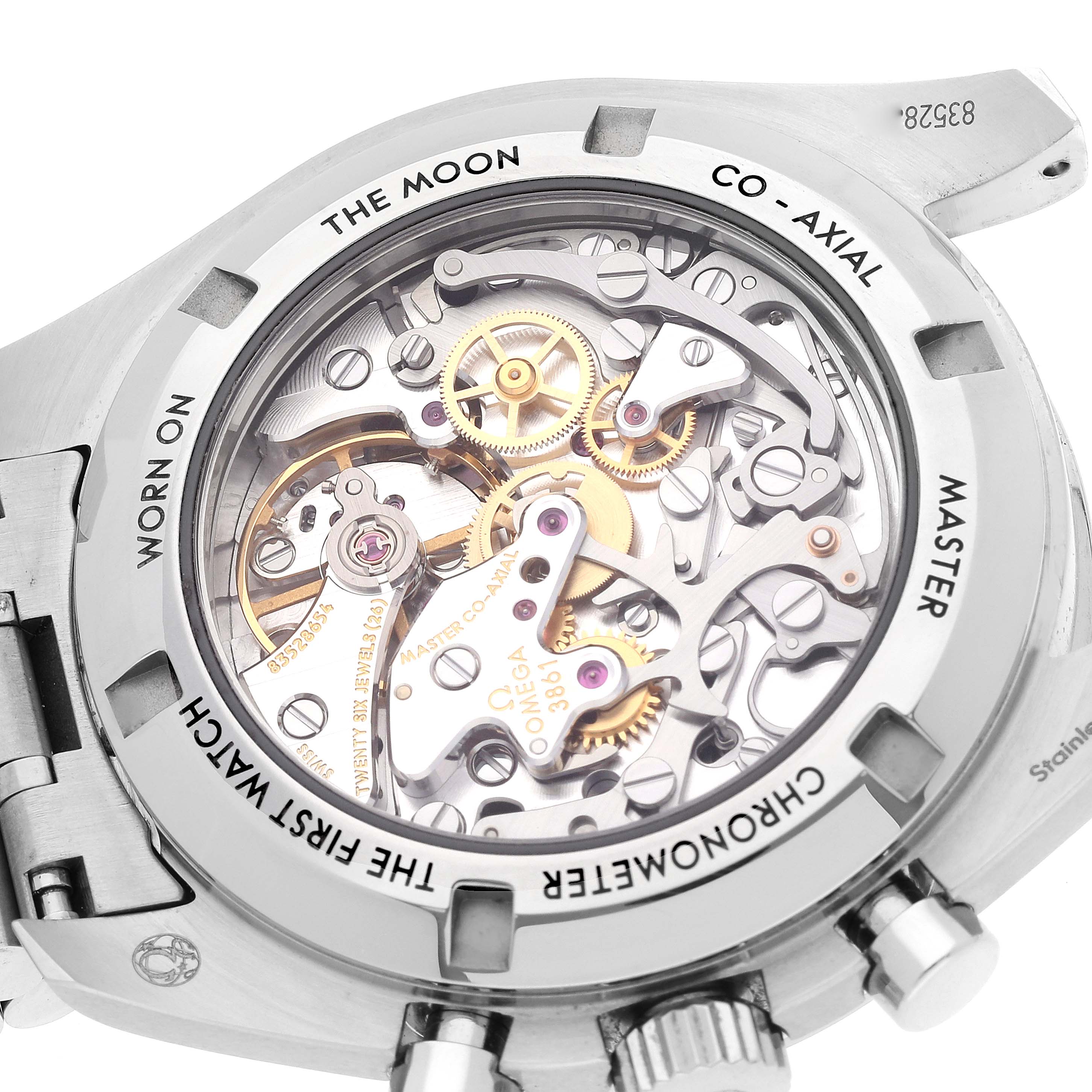 The image shows the case back of the Omega Speedmaster 310.30.42.50.01.002 Men's Stainless Steel Black Dial 310.30.42.50.01.002 Men's Stainless Steel Black Dial, highlighting its intricate movement and internal mechanisms.