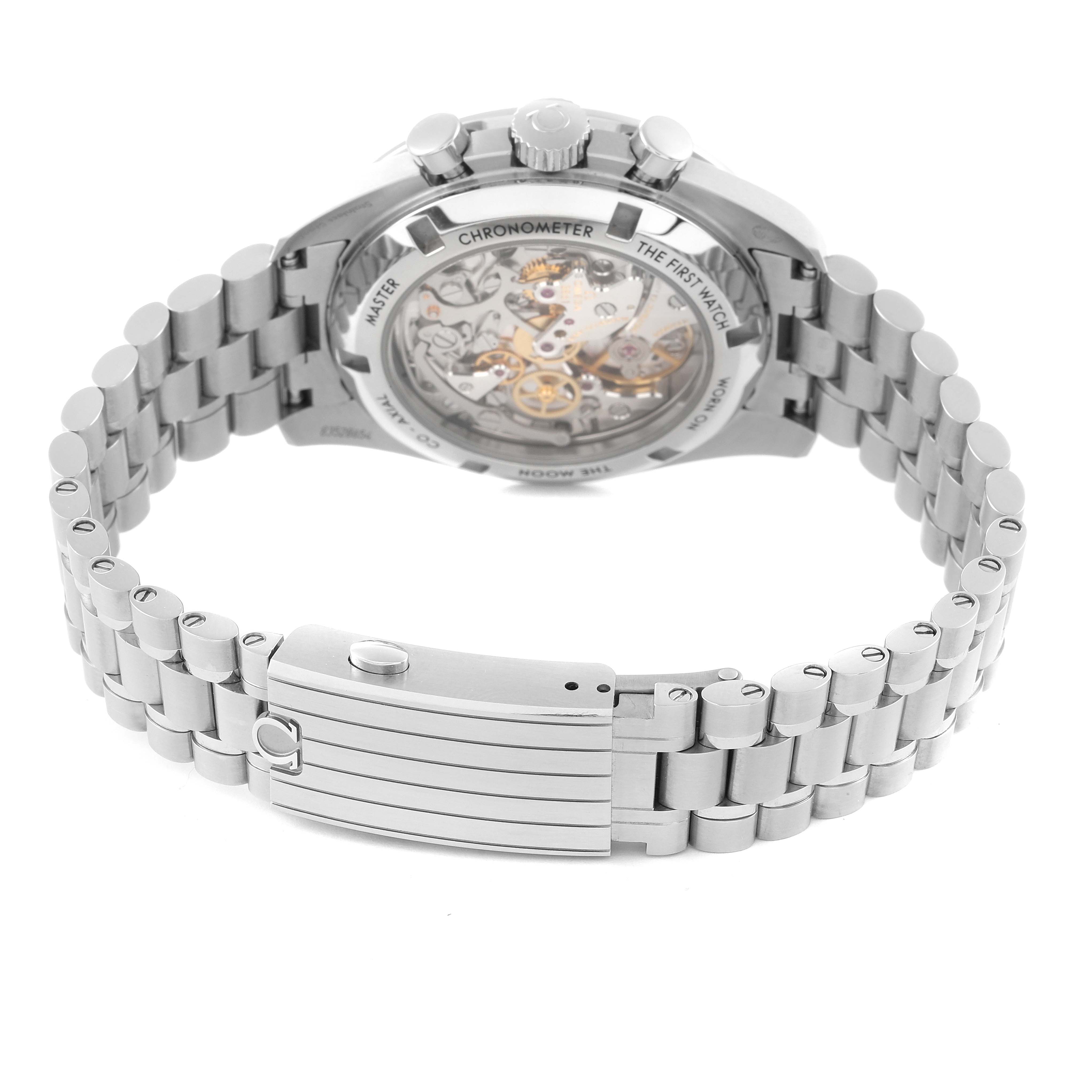 The image shows the back view of an Omega Speedmaster 310.30.42.50.01.002 Men's Stainless Steel Black Dial 310.30.42.50.01.002 Men's Stainless Steel Black Dial watch, highlighting the exposed movement and metal bracelet.