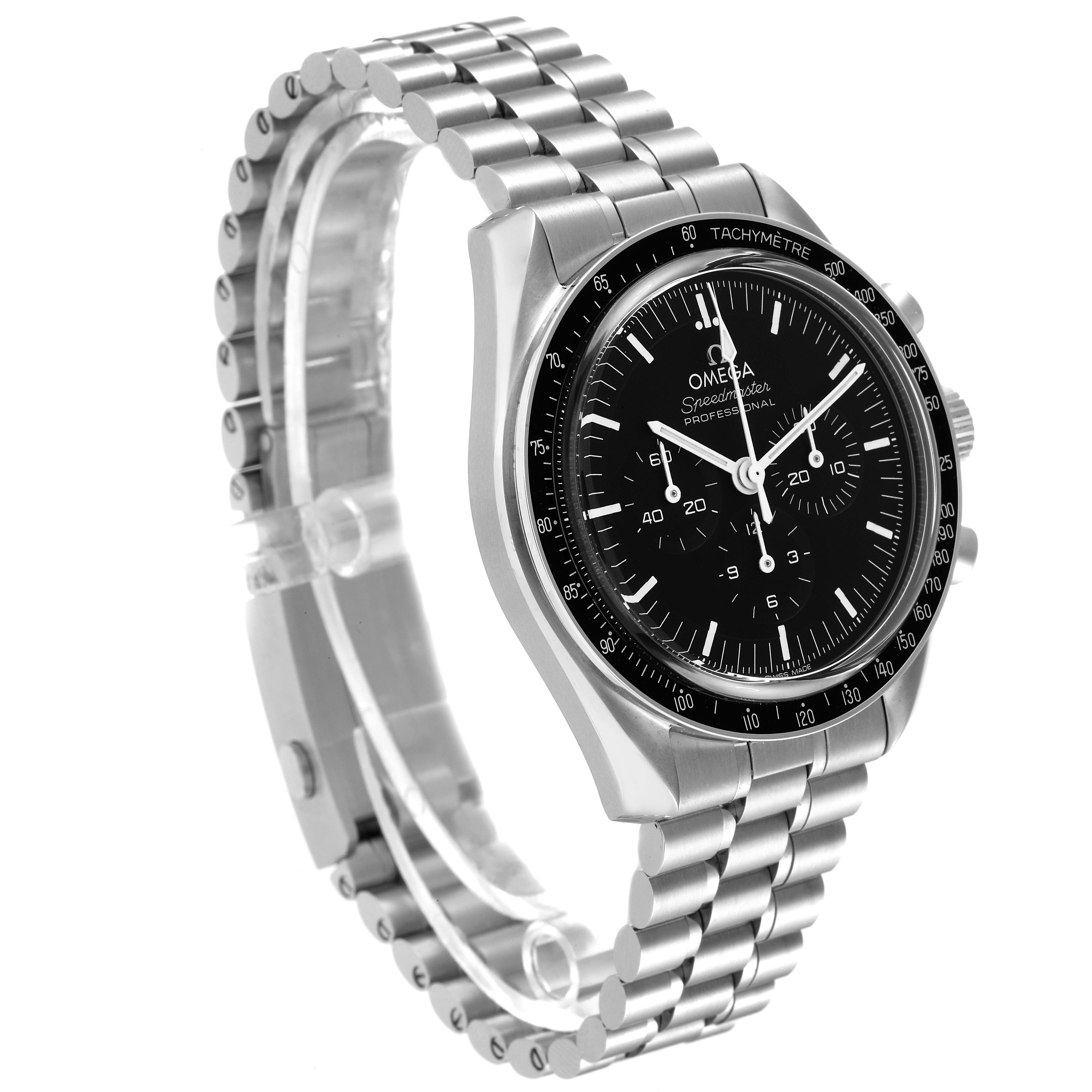 The image shows an Omega Speedmaster 310.30.42.50.01.002 Men's Stainless Steel Black Dial 310.30.42.50.01.002 Men's Stainless Steel Black Dial watch from a front-side angle, displaying the bezel, dial, and bracelet.