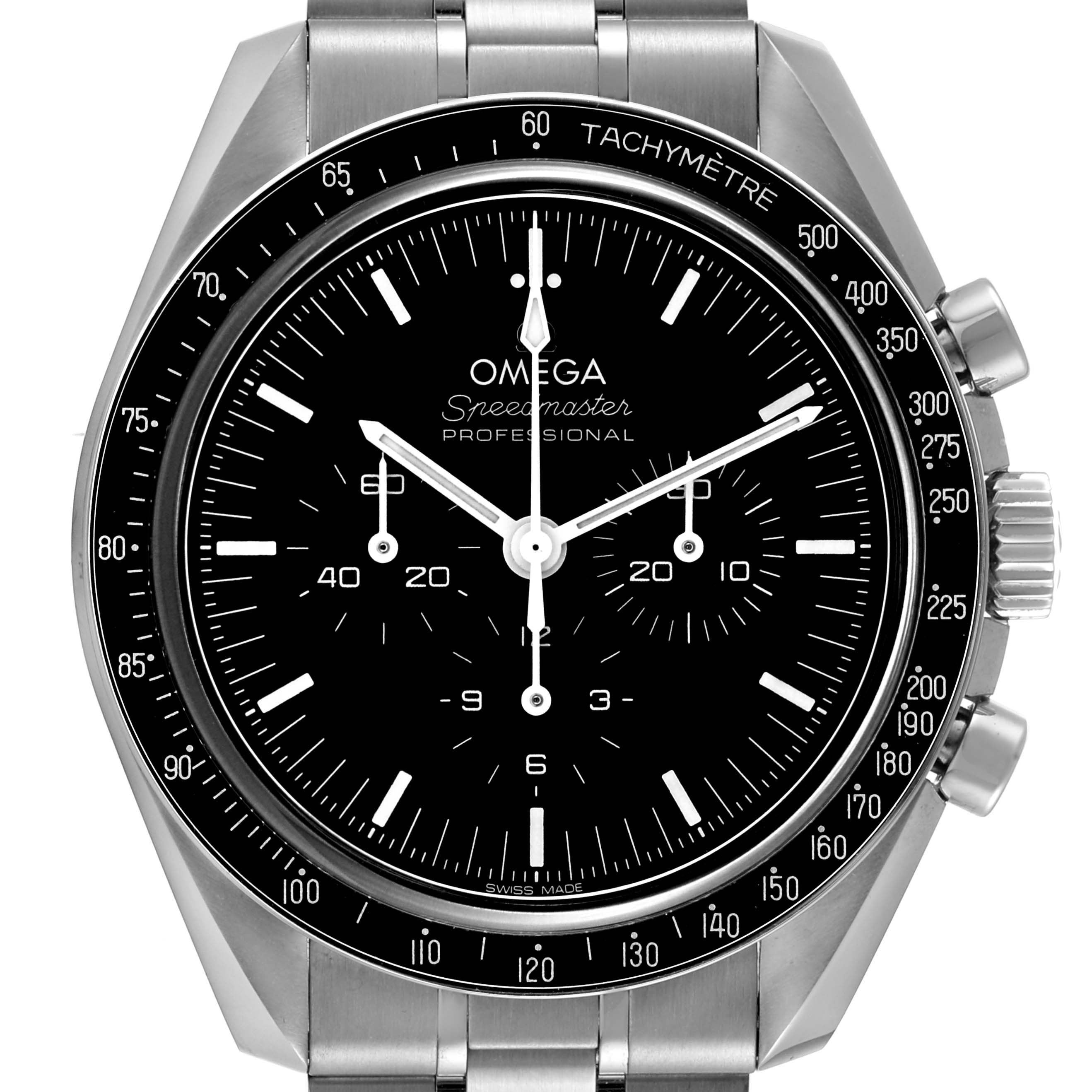 This is a front view of an Omega Speedmaster 310.30.42.50.01.002 Men's Stainless Steel Black Dial 310.30.42.50.01.002 Men's Stainless Steel Black Dial watch showing its dial, tachymetre, and chronograph subdials.