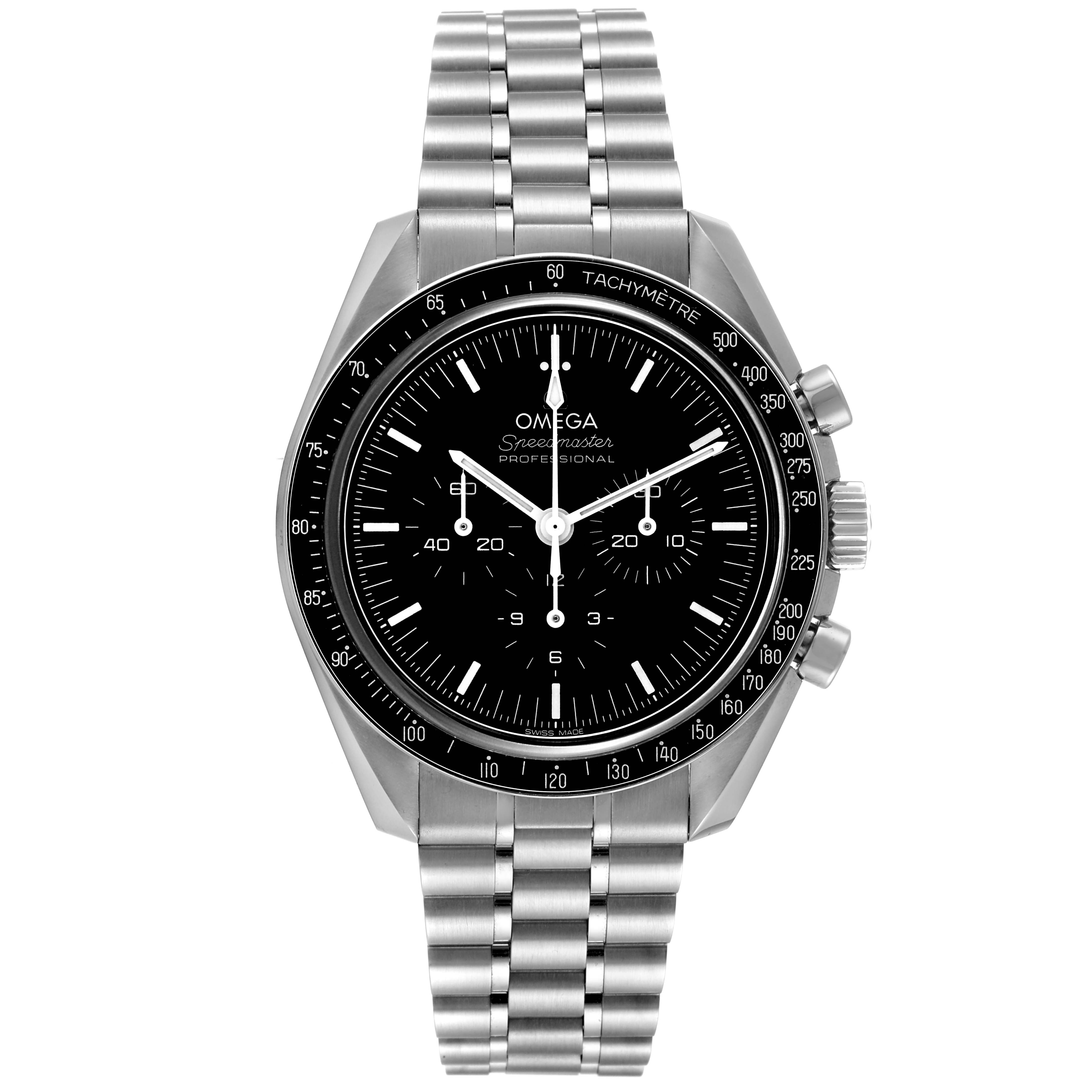 This image shows a front view of the Omega Speedmaster 310.30.42.50.01.002 Men's Stainless Steel Black Dial 310.30.42.50.01.002 Men's Stainless Steel Black Dial watch, displaying the dial, bezel, pushers, crown, and bracelet.
