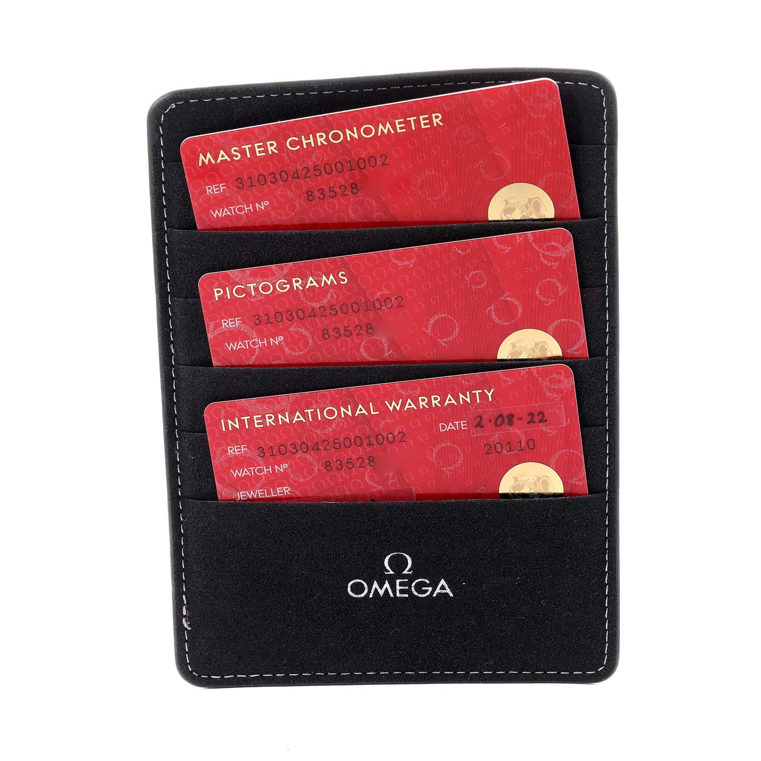 The image shows Omega Speedmaster 310.30.42.50.01.002 Men's Stainless Steel Black Dial 310.30.42.50.01.002 Men's Stainless Steel Black Dial model warranty cards, including Master Chronometer, Pictograms, and International Warranty in a black cardholder.