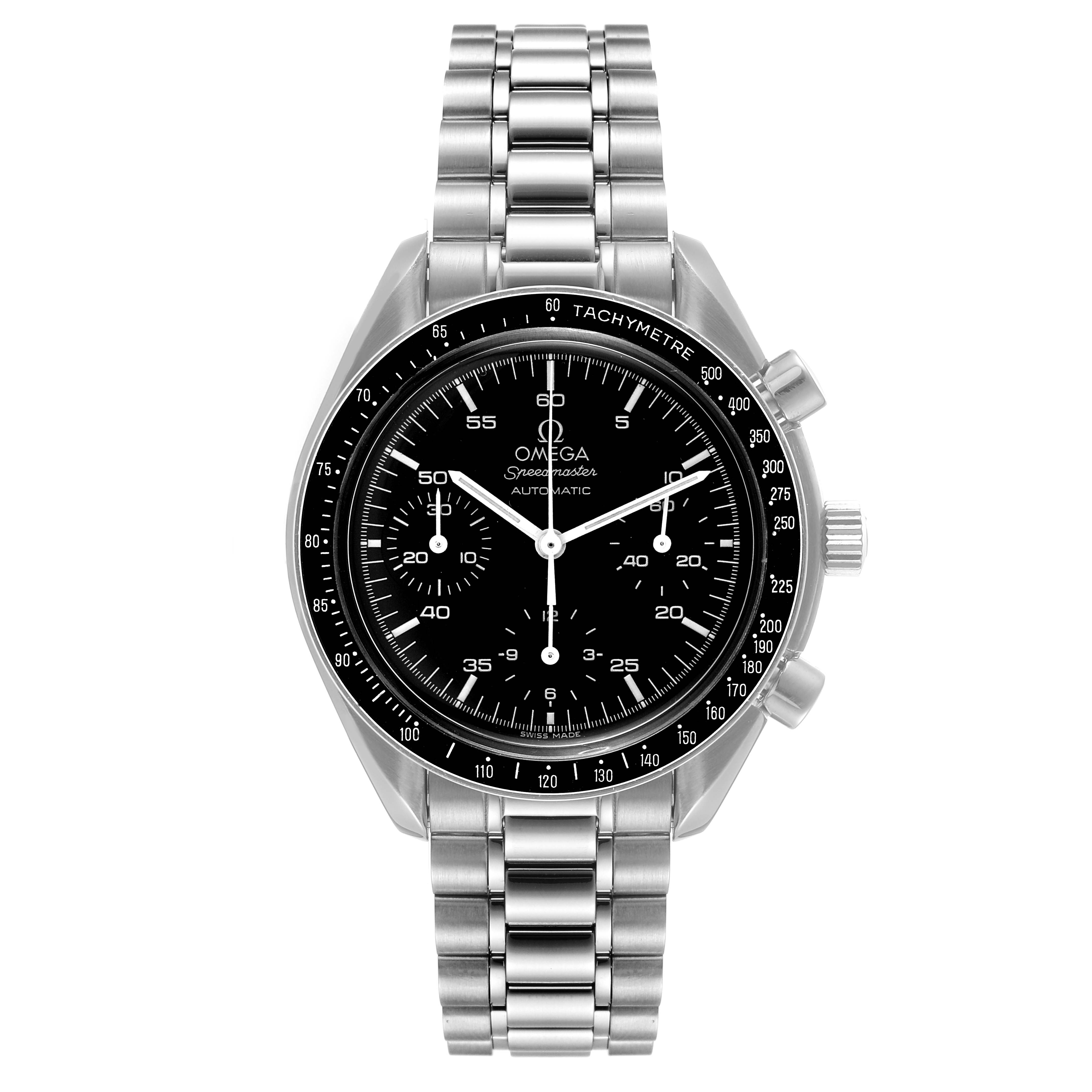 The image shows a front view of the Omega Speedmaster 3510.50.00 Men's Stainless Steel Black Dial 3510.50.00 Men's Stainless Steel Black Dial watch, featuring its dial, bezel, and stainless steel bracelet.