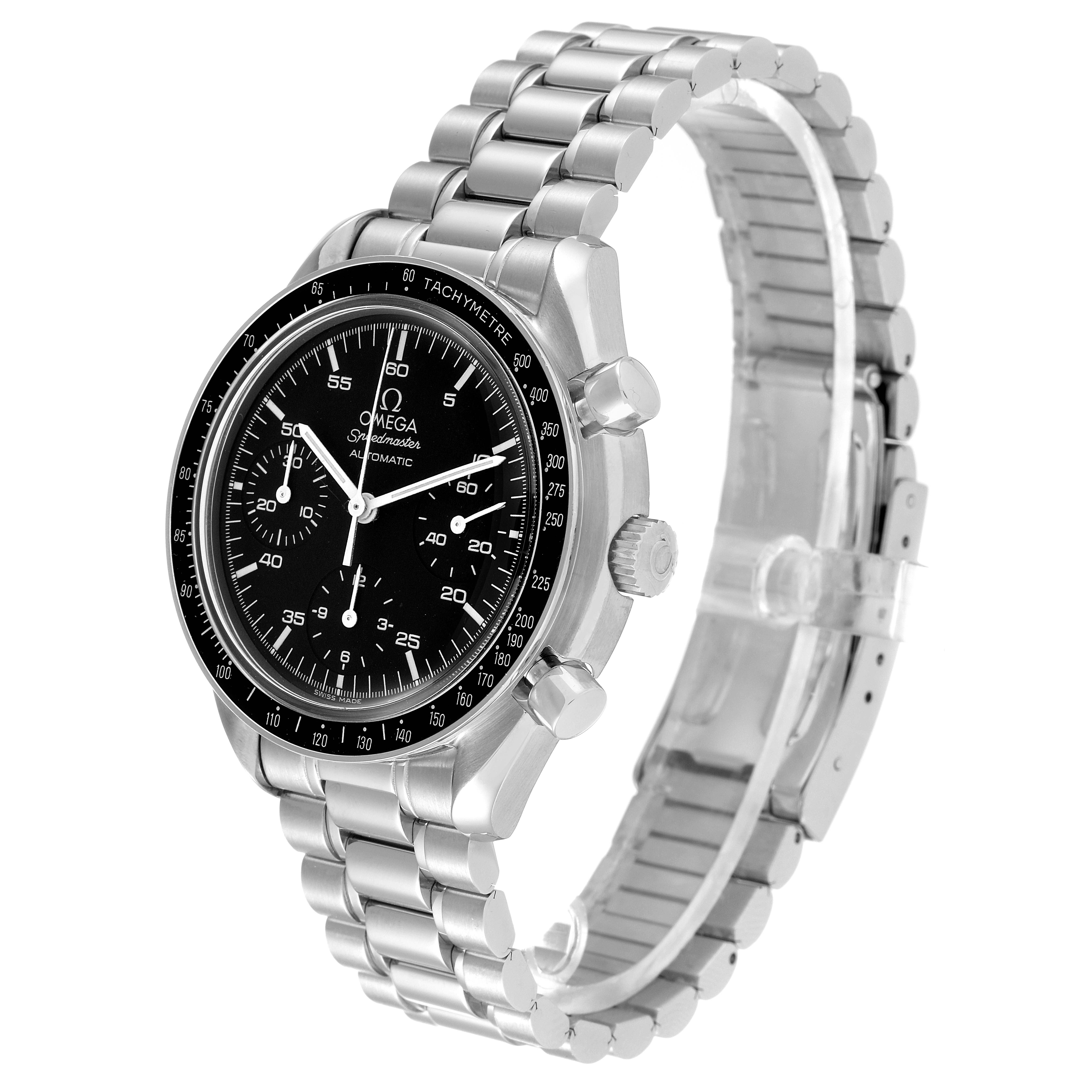 The image shows an Omega Speedmaster 3510.50.00 Men's Stainless Steel Black Dial 3510.50.00 Men's Stainless Steel Black Dial watch at a three-quarter angle, displaying the face, tachymeter bezel, crown, pushers, and bracelet.