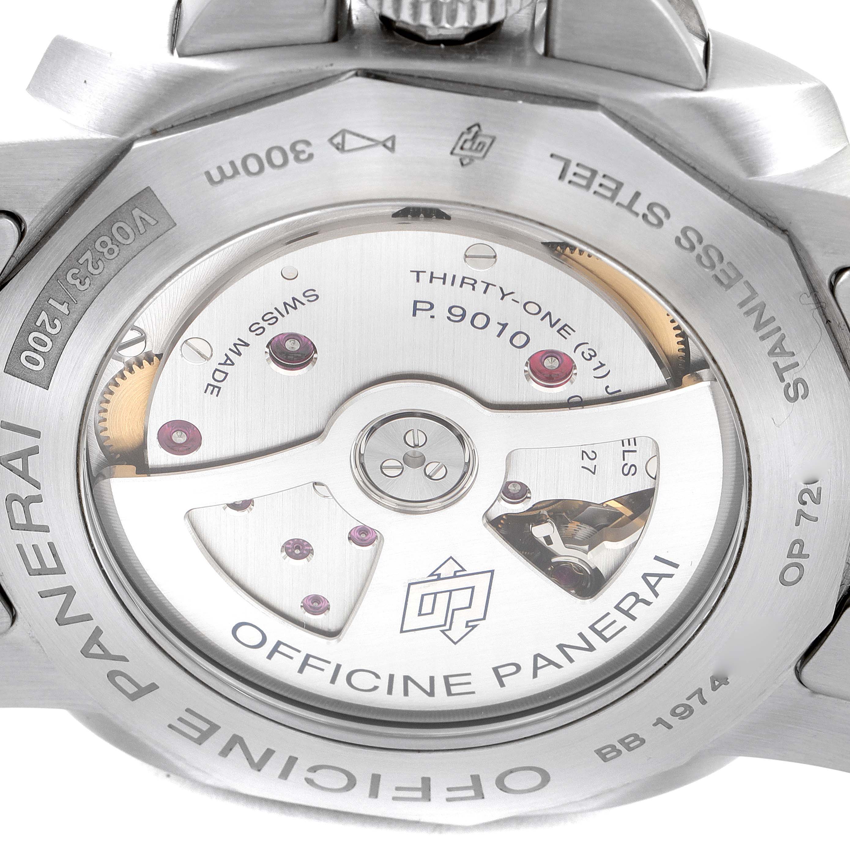 The image shows the back view of a Panerai Luminor PAM01058 Men's Stainless Steel Blue Dial PAM01058 Men's Stainless Steel Blue Dial watch, displaying its internal mechanism and markings.