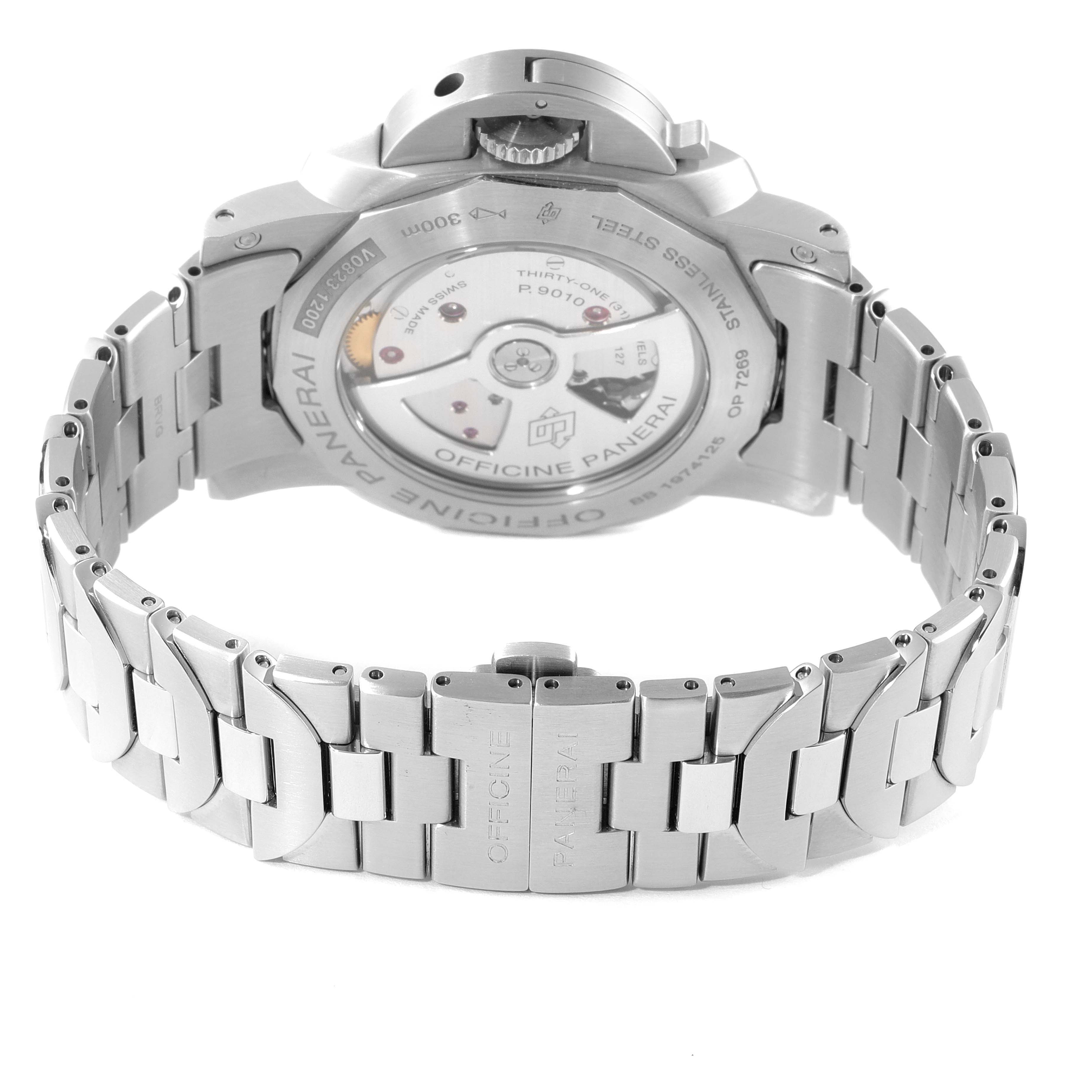 The image shows the back view and bracelet of a Panerai Luminor PAM01058 Men's Stainless Steel Blue Dial PAM01058 Men's Stainless Steel Blue Dial watch, highlighting its stainless steel case and movement.