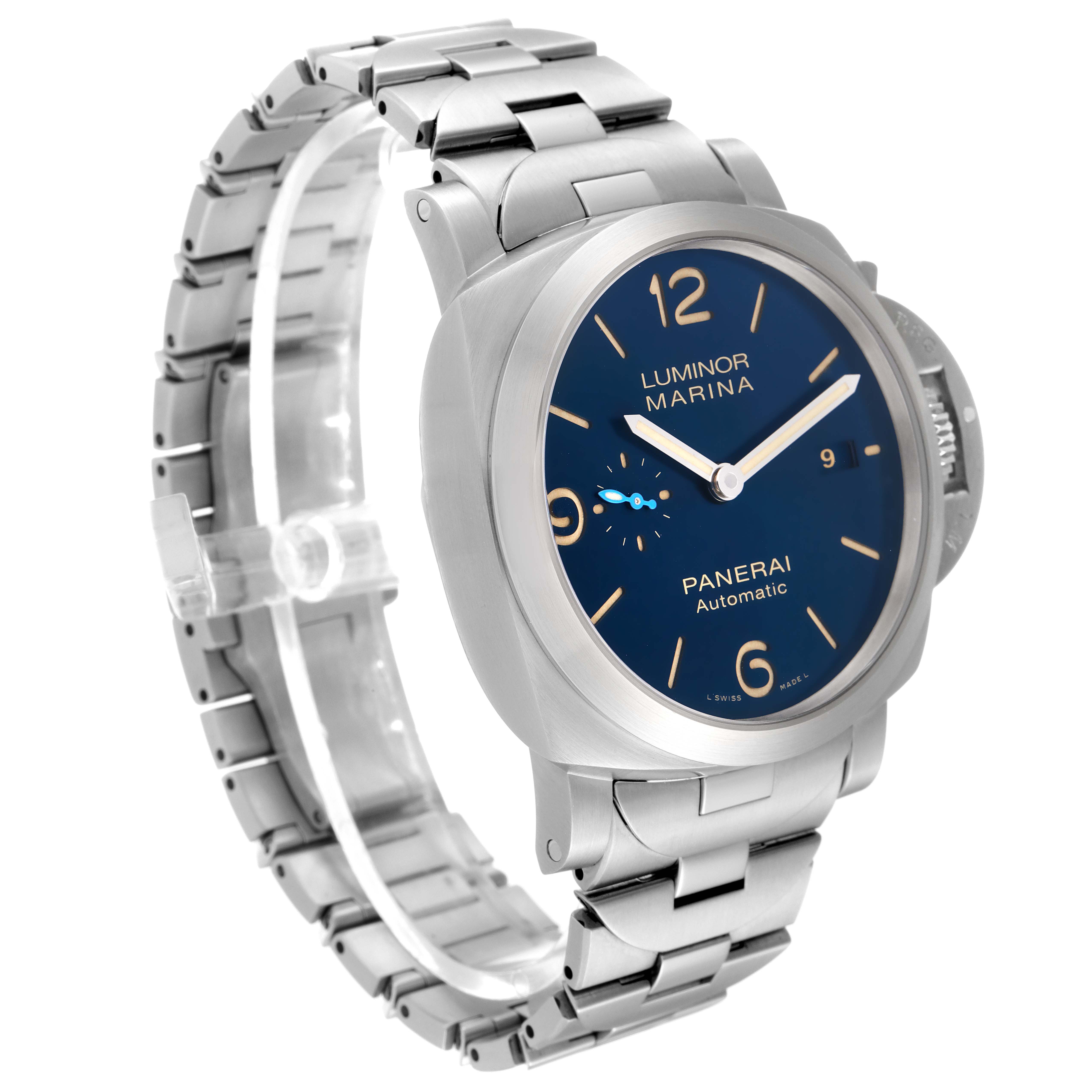 This image shows a Panerai Luminor PAM01058 Men's Stainless Steel Blue Dial PAM01058 Men's Stainless Steel Blue Dial watch at a slight right side angle, highlighting its blue dial and metal bracelet.