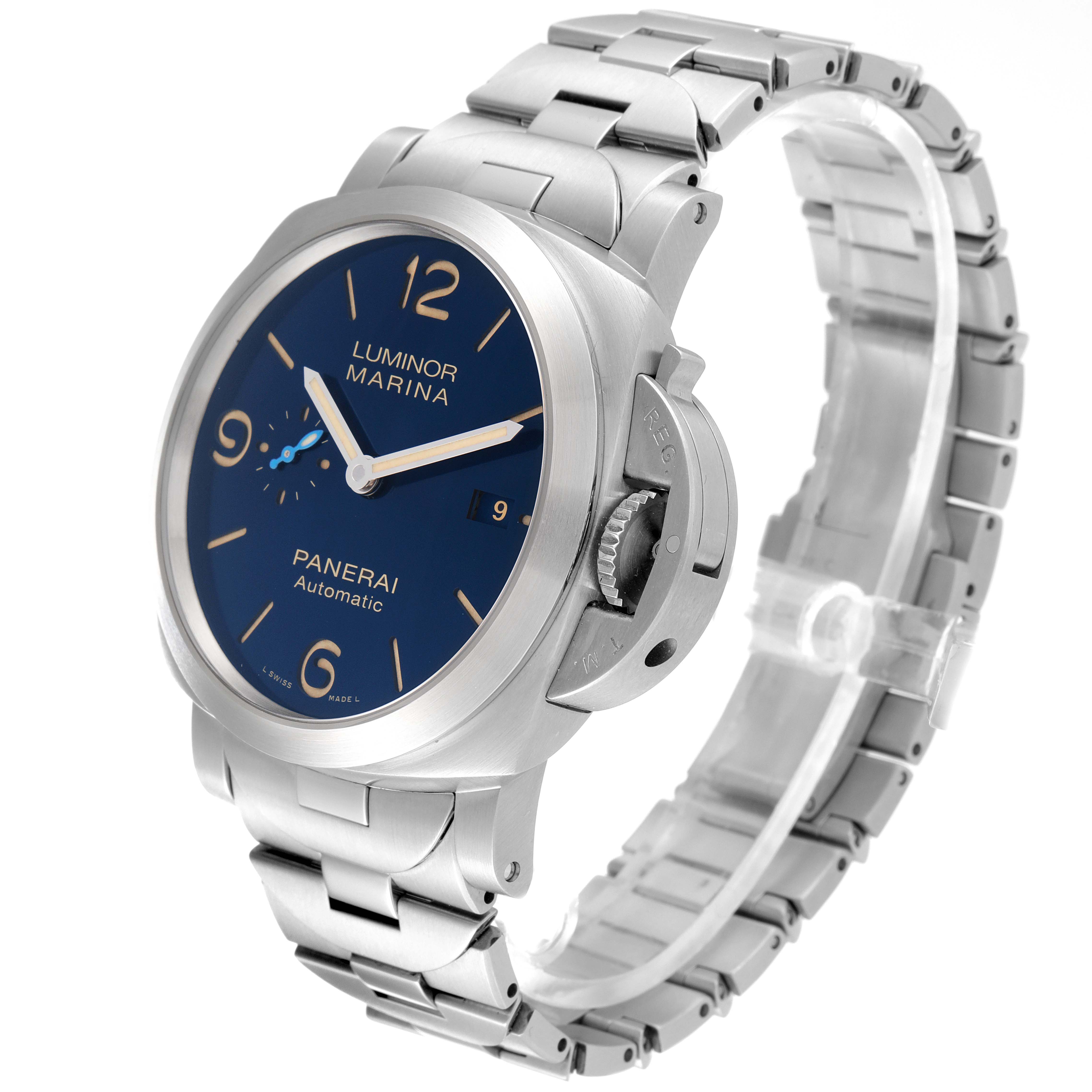 The image shows a Panerai Luminor PAM01058 Men's Stainless Steel Blue Dial PAM01058 Men's Stainless Steel Blue Dial Marina watch at a three-quarter angle, highlighting its face, crown guard, and metal bracelet.