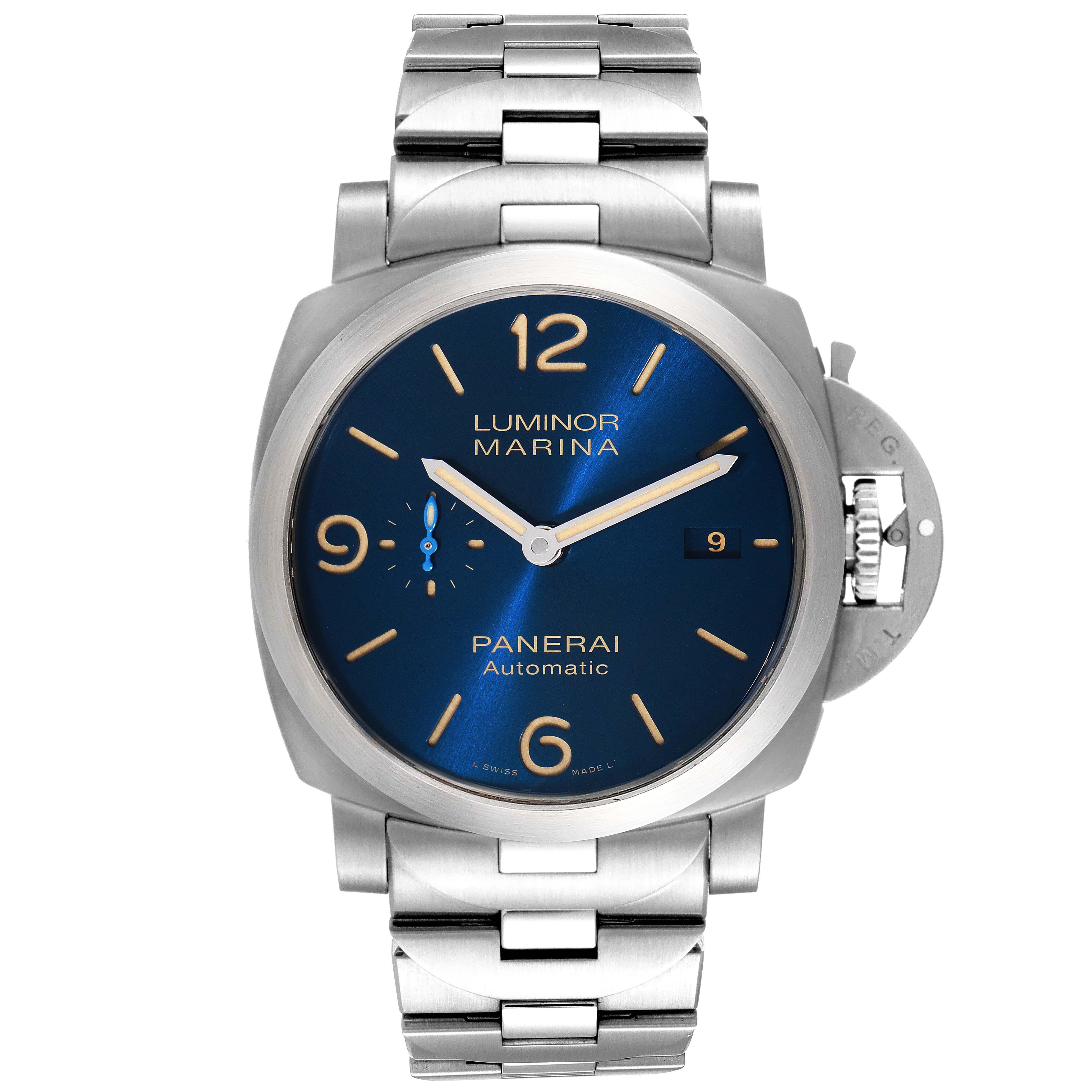 This image shows a front view of a Panerai Luminor PAM01058 Men's Stainless Steel Blue Dial PAM01058 Men's Stainless Steel Blue Dial Marina watch, highlighting its blue dial and metal bracelet.
