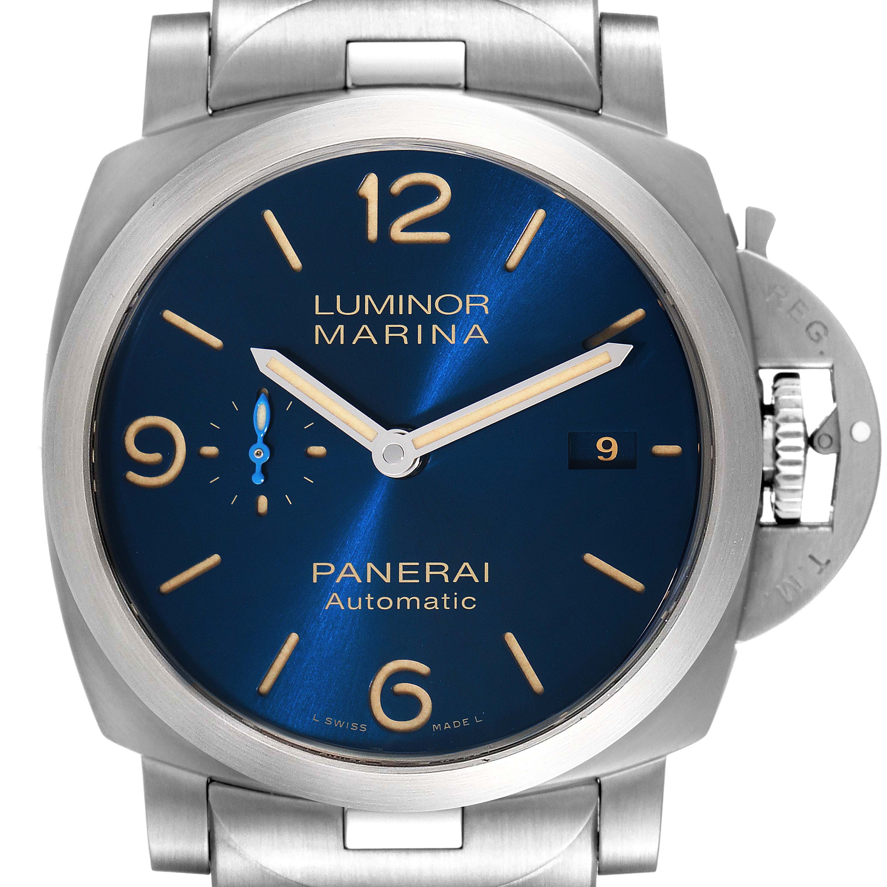 The image shows a front view of the Panerai Luminor PAM01058 Men's Stainless Steel Blue Dial PAM01058 Men's Stainless Steel Blue Dial Marina watch, highlighting the blue dial and case.
