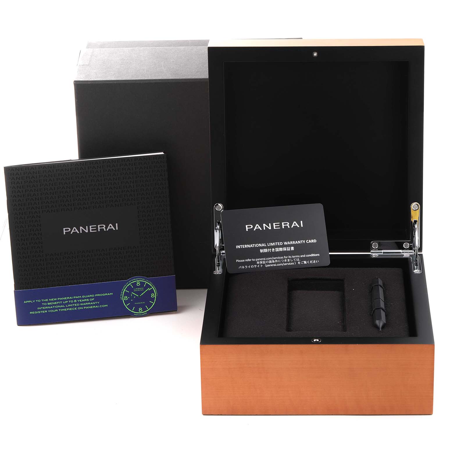 The image shows the open box of a Panerai Luminor PAM01058 Men's Stainless Steel Blue Dial PAM01058 Men's Stainless Steel Blue Dial watch along with the warranty card and manual, viewed from the front.