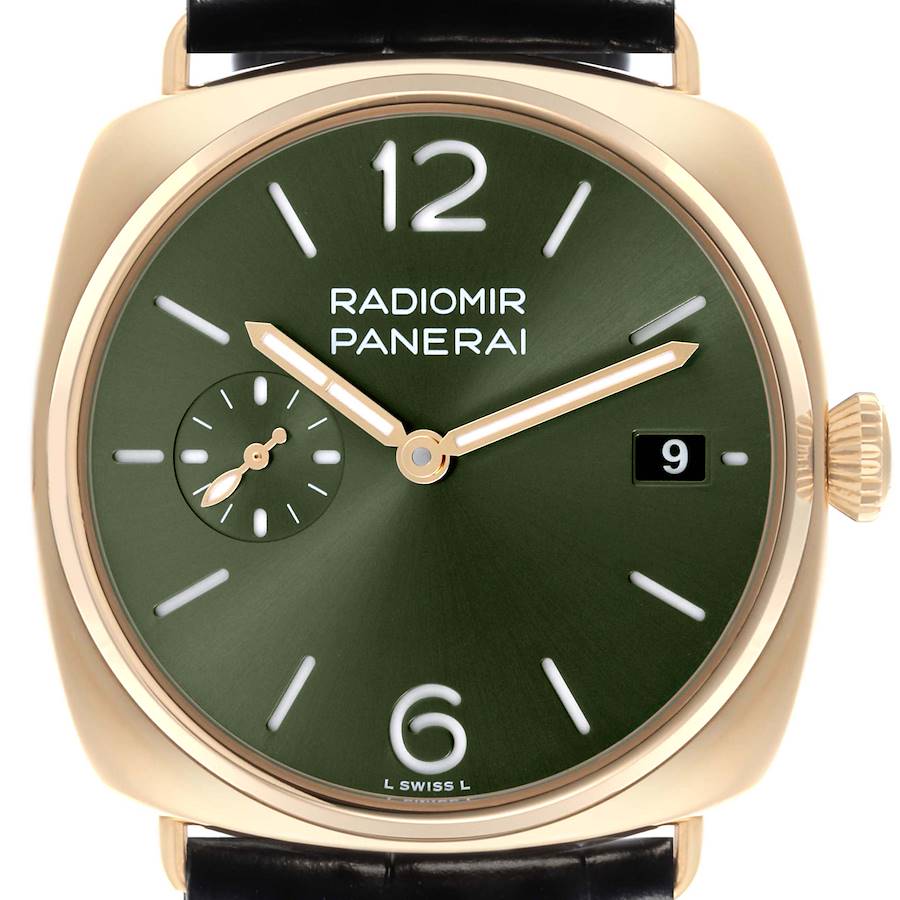 The Panerai Radiomir watch is shown from a front angle, displaying its green dial, hands, date window, and crown.