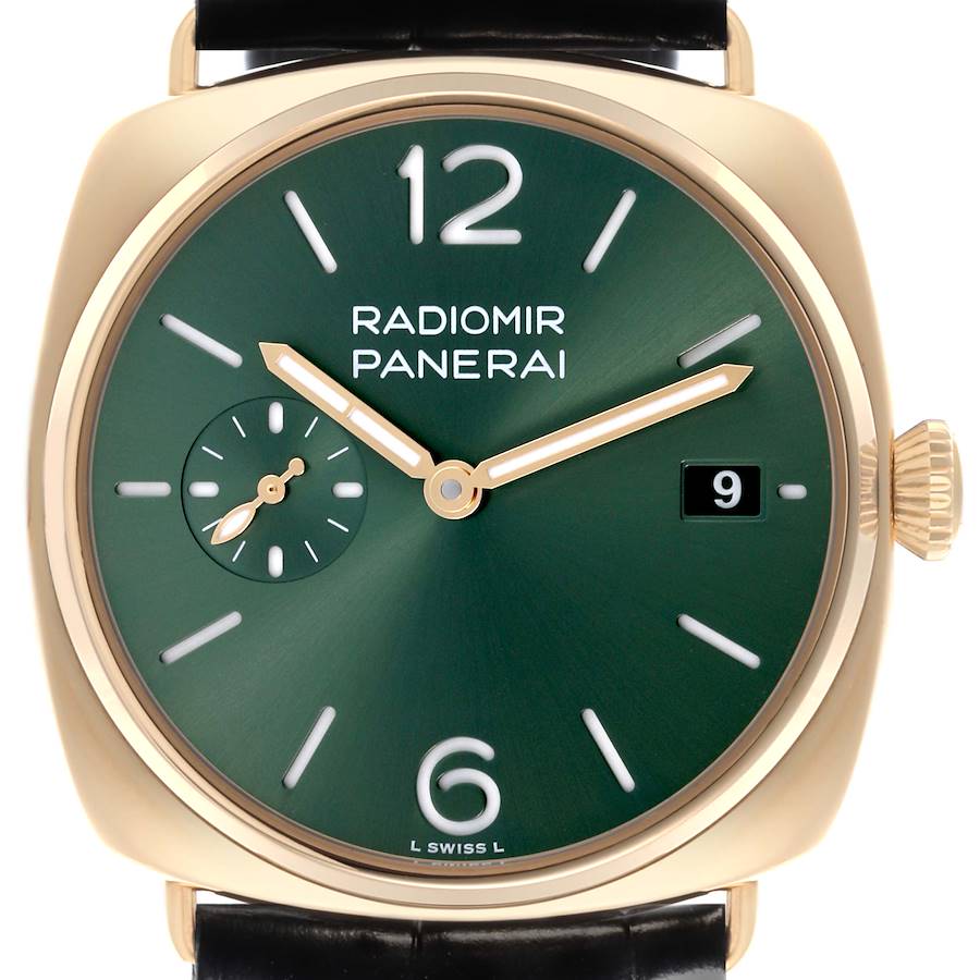 The image shows a front view of the Panerai Radiomir watch, displaying its green dial, crown, and strap attachment.