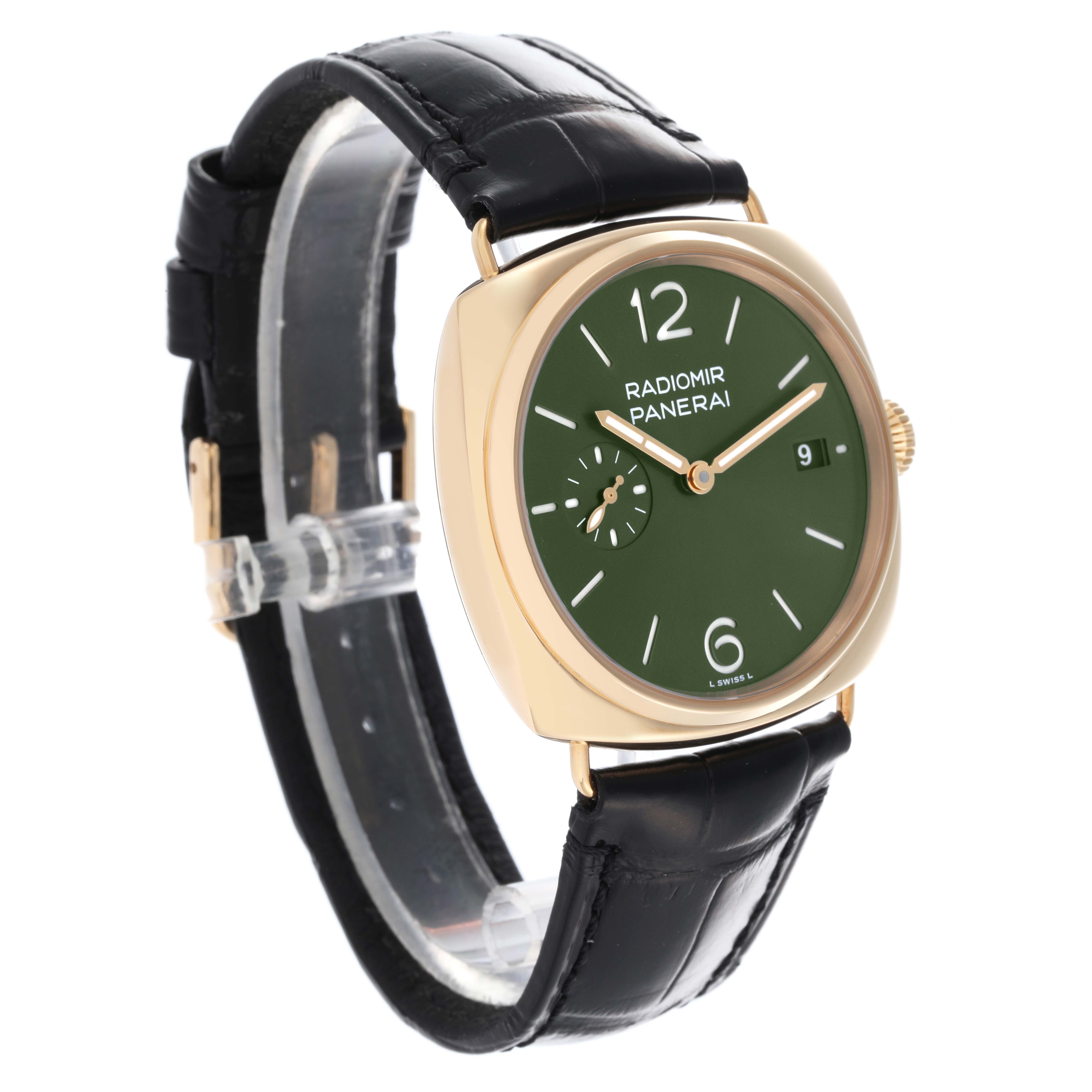 The Panerai Radiomir PAM01437 Men's Yellow Gold Green Dial PAM01437 Men's Yellow Gold Green Dial watch is shown at a three-quarter angle, highlighting the green dial, gold case, and black strap.