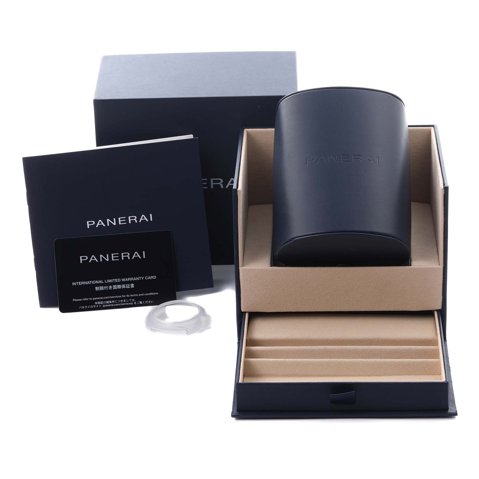 The image shows a Panerai Radiomir PAM01437 Men's Yellow Gold Green Dial PAM01437 Men's Yellow Gold Green Dial watch box, warranty card, and manual, viewed from the front.