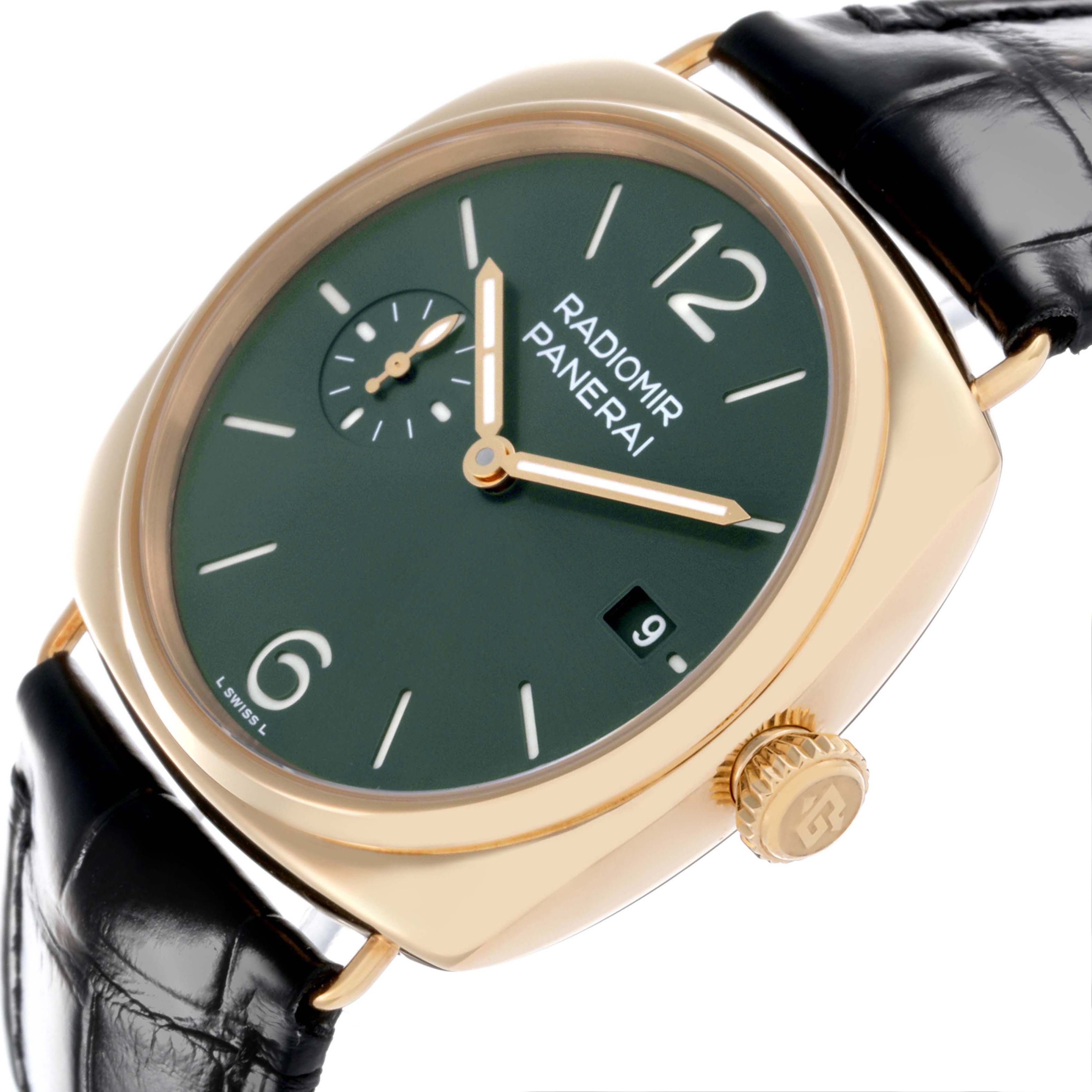 The Panerai Radiomir PAM01437 Men's Yellow Gold Green Dial PAM01437 Men's Yellow Gold Green Dial watch is shown at an angle highlighting its dial, crown, and part of the strap.