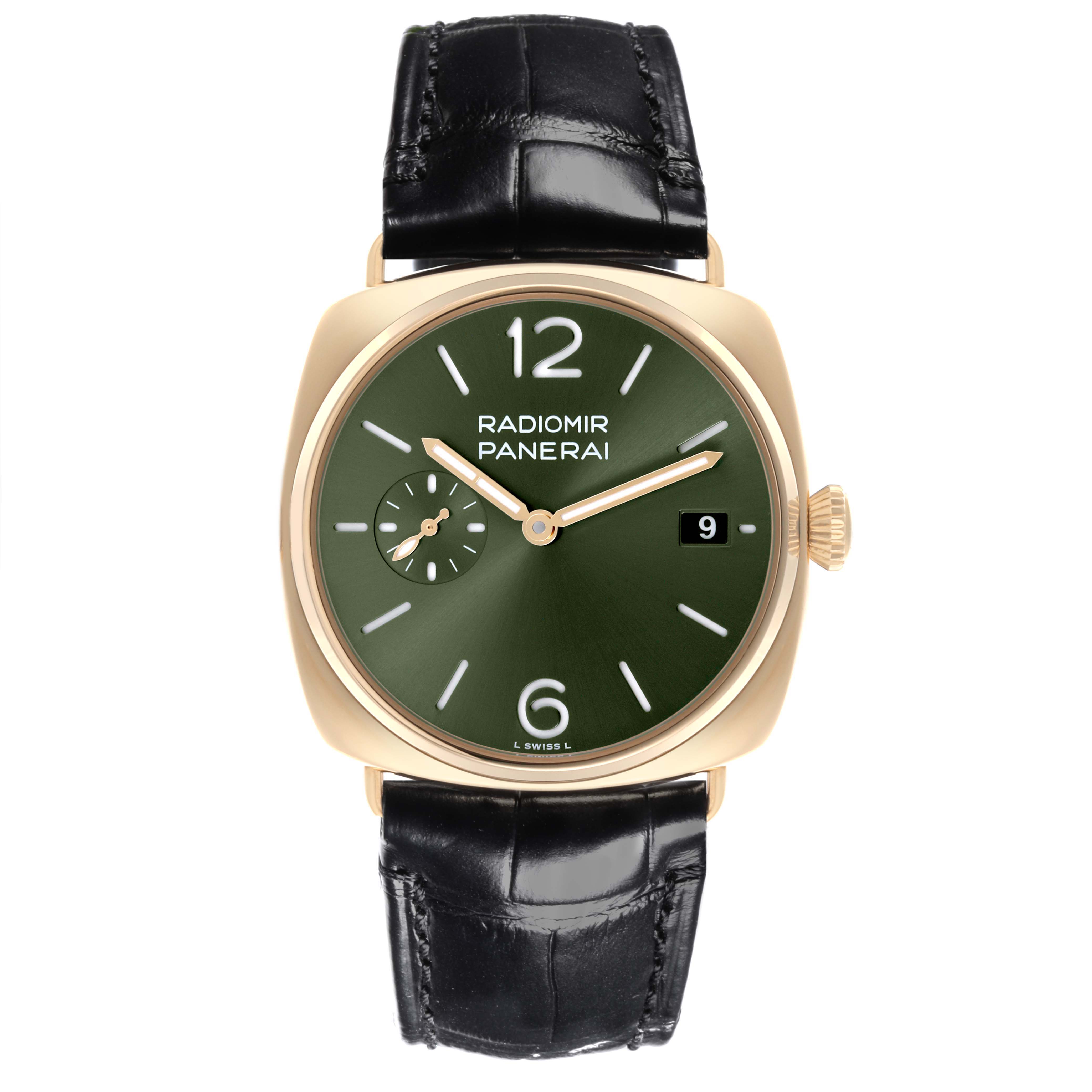 The Panerai Radiomir PAM01437 Men's Yellow Gold Green Dial PAM01437 Men's Yellow Gold Green Dial watch is shown from a top-down angle, highlighting its green dial, gold case, crown, and black leather strap.