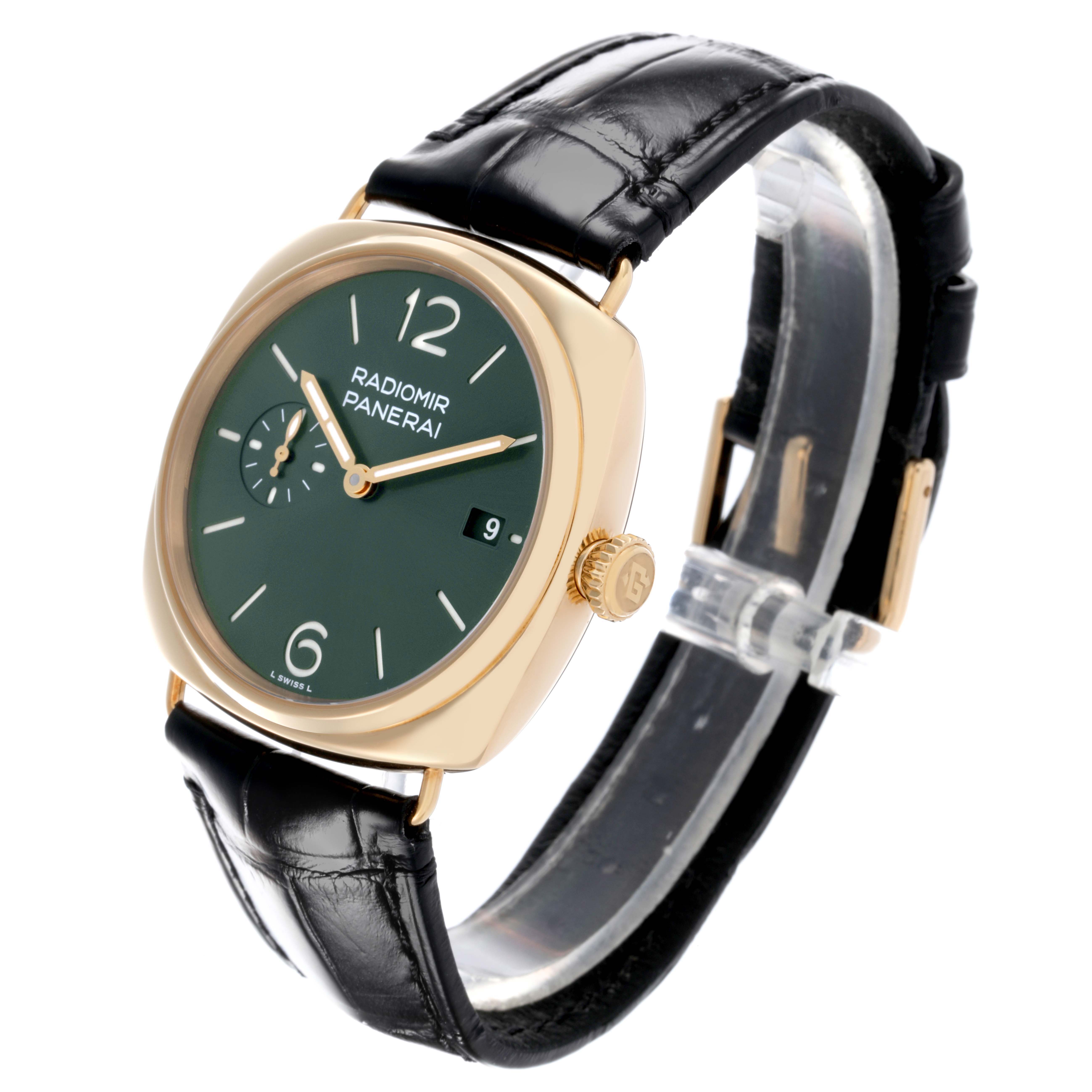 The Panerai Radiomir PAM01437 Men's Yellow Gold Green Dial PAM01437 Men's Yellow Gold Green Dial watch is shown at a three-quarter angle, featuring the green dial, gold case, and black leather strap.
