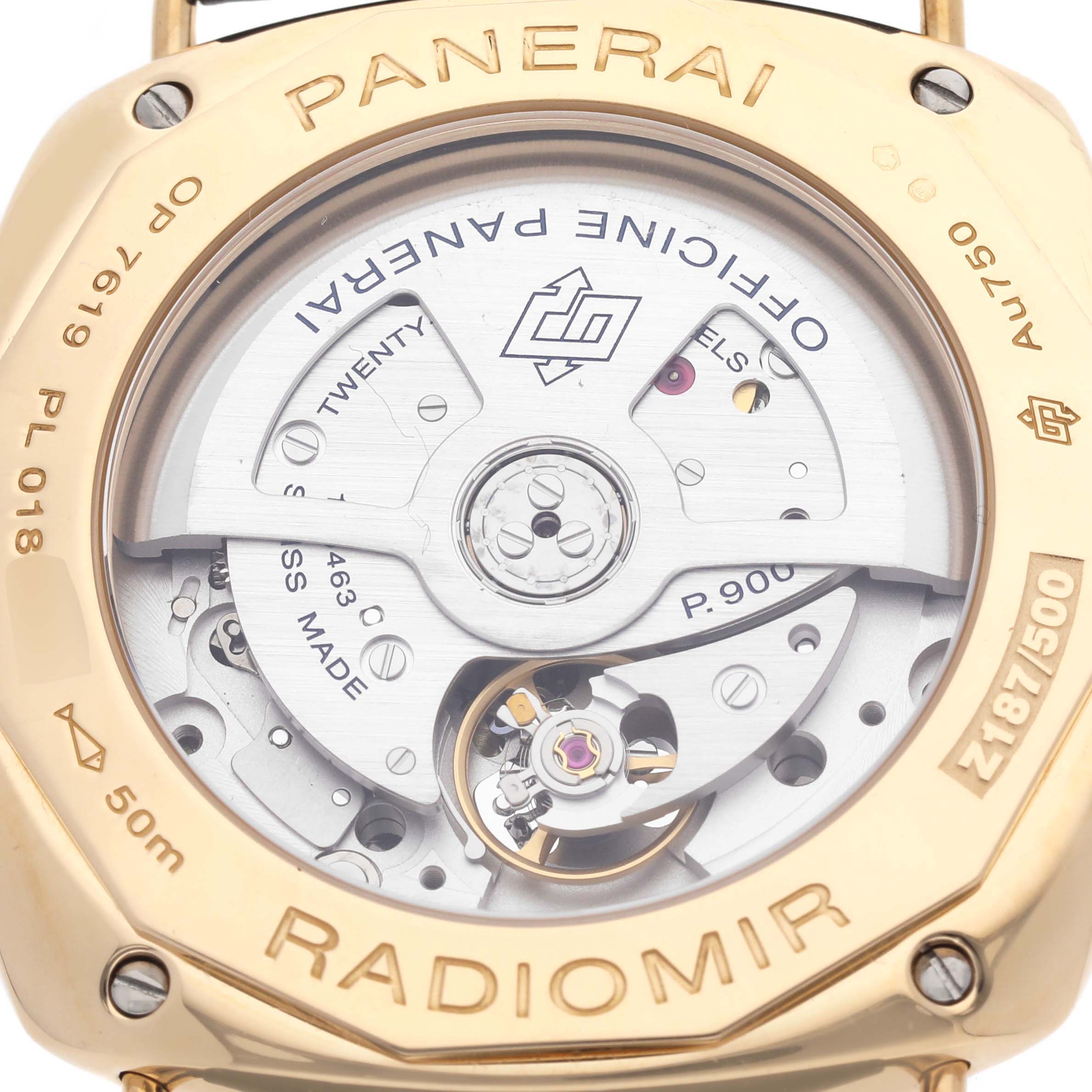 The image shows the back view of a Panerai Radiomir PAM01437 Men's Yellow Gold Green Dial PAM01437 Men's Yellow Gold Green Dial watch, highlighting its intricate movement and markings.
